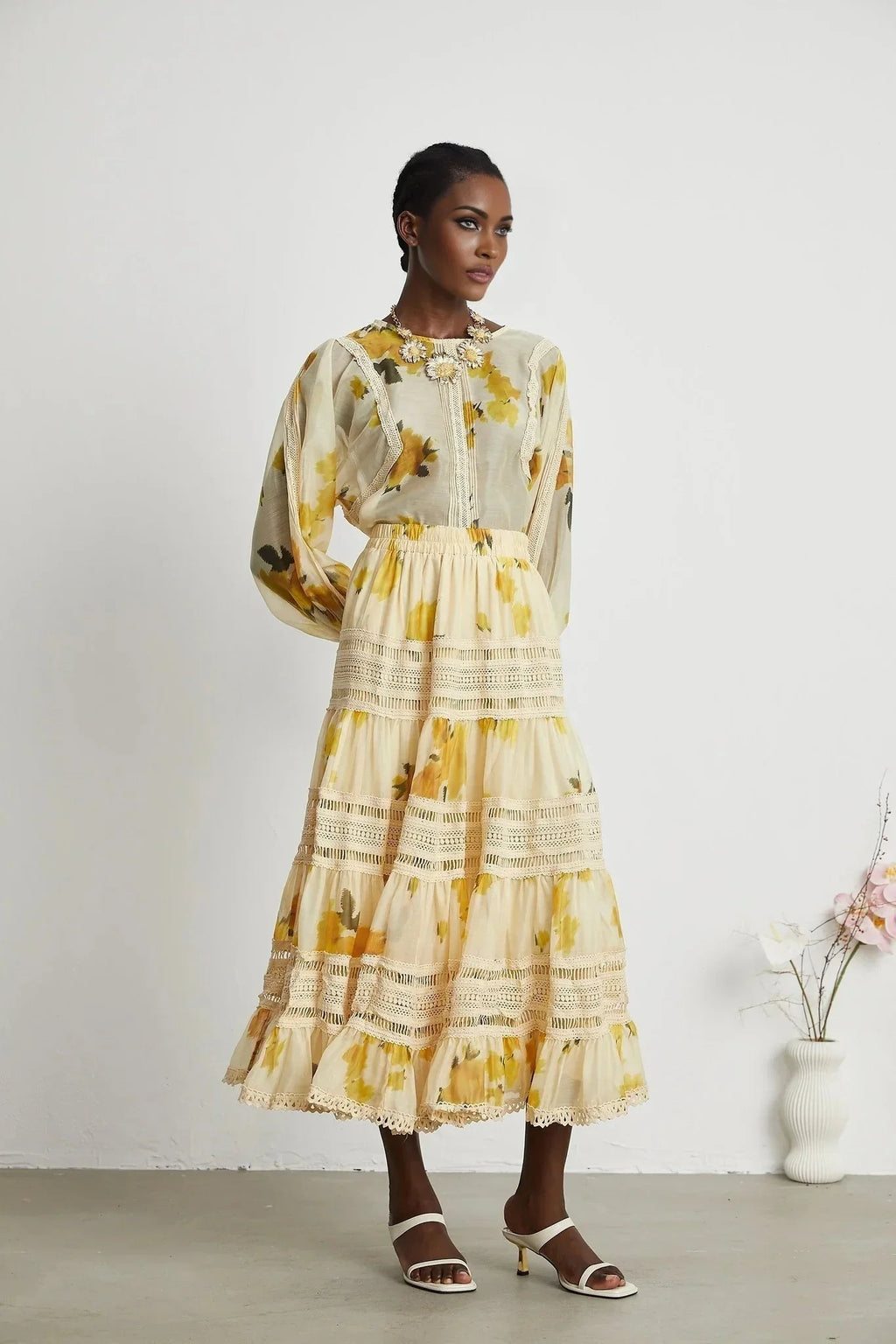 Angelina Floral Midi Dress - Round Neck Blouse - Buttoned Cuffs - Semi - Sheer with Rear Button Fastening and Lace Details