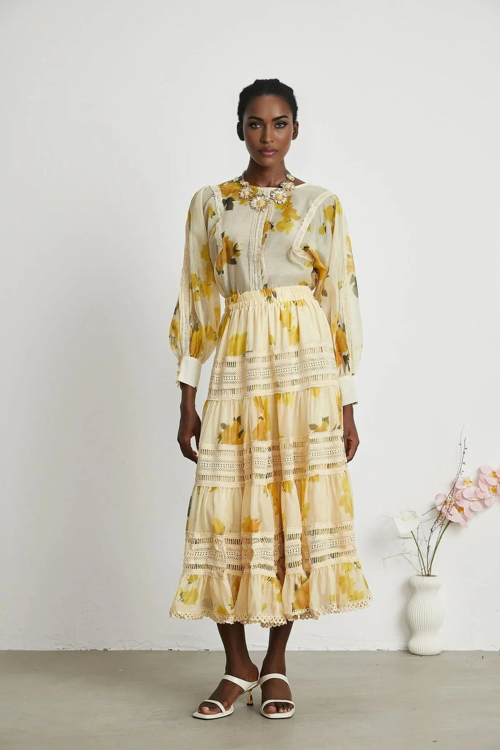 Angelina Floral Midi Dress - Round Neck Blouse - Buttoned Cuffs - Semi - Sheer with Rear Button Fastening and Lace Details
