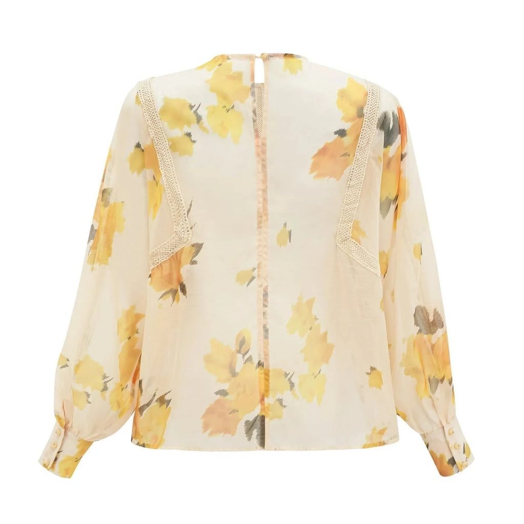 Angelina Floral Midi Dress - Round Neck Blouse - Buttoned Cuffs - Semi - Sheer with Rear Button Fastening and Lace Details