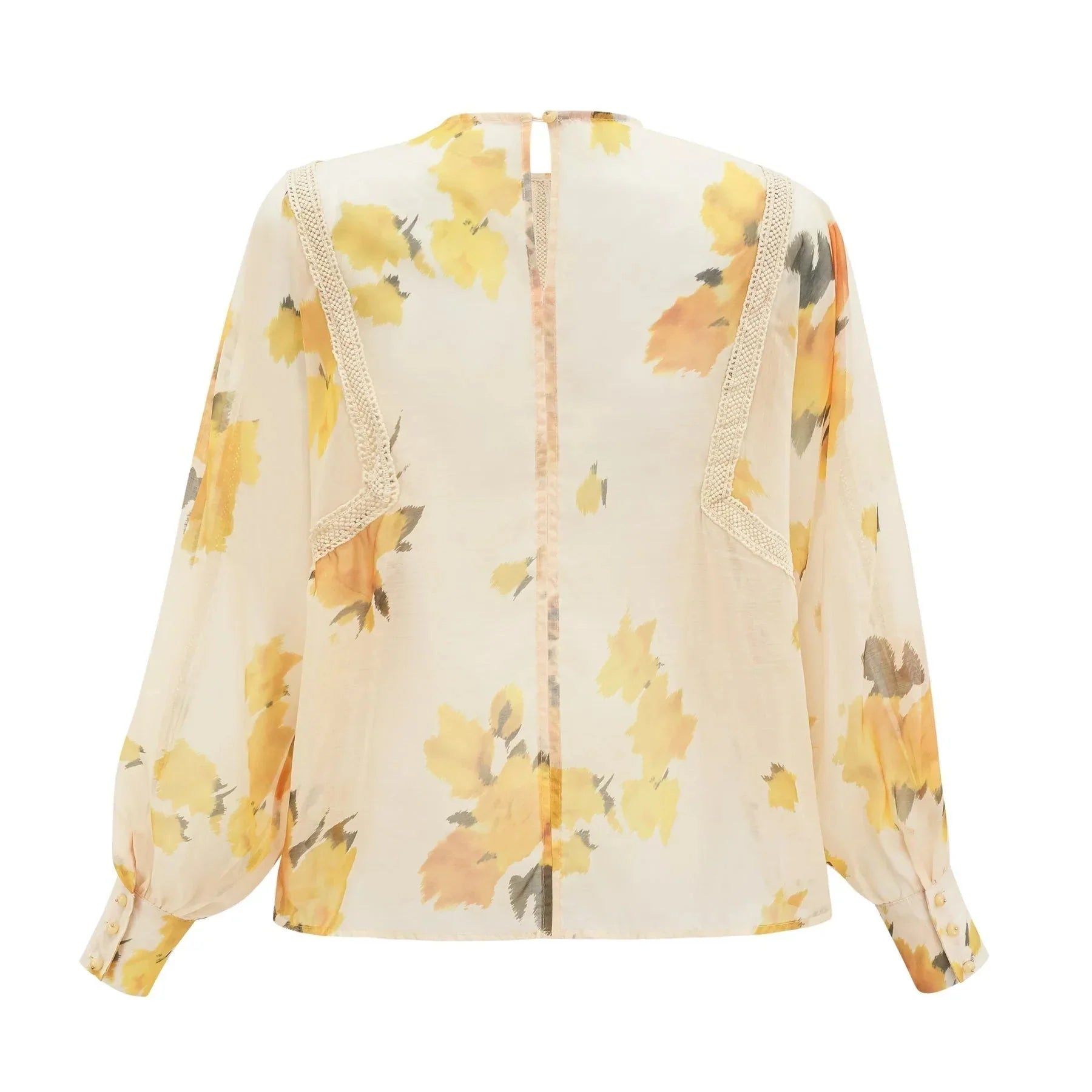 Angelina Floral Midi Dress - Round Neck Blouse - Buttoned Cuffs - Semi - Sheer with Rear Button Fastening and Lace Details