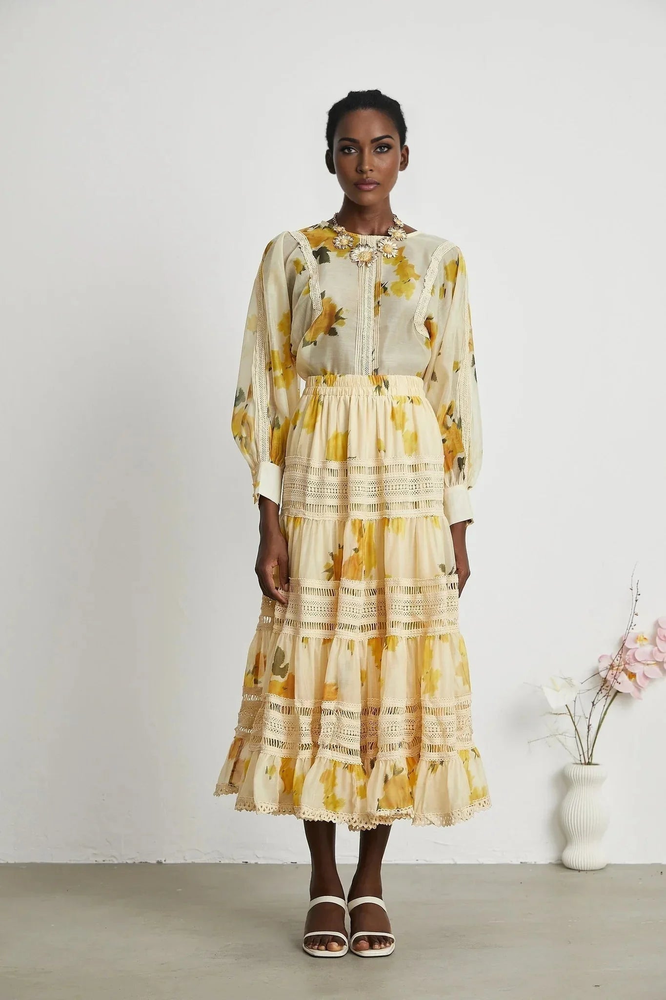 Angelina Floral Midi Dress - Round Neck Blouse - Buttoned Cuffs - Semi - Sheer with Rear Button Fastening and Lace Details