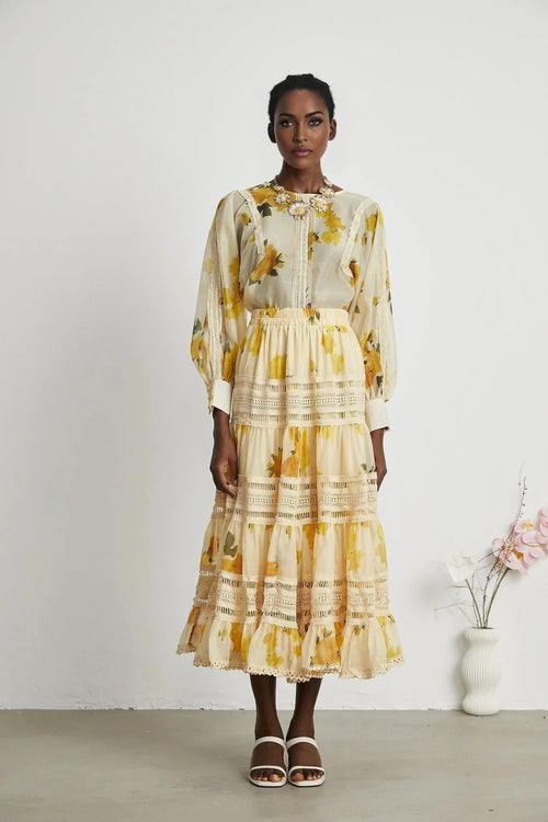 Angelina Floral Midi Dress - Round Neck Blouse - Buttoned Cuffs - Semi - Sheer with Rear Button Fastening and Lace Details