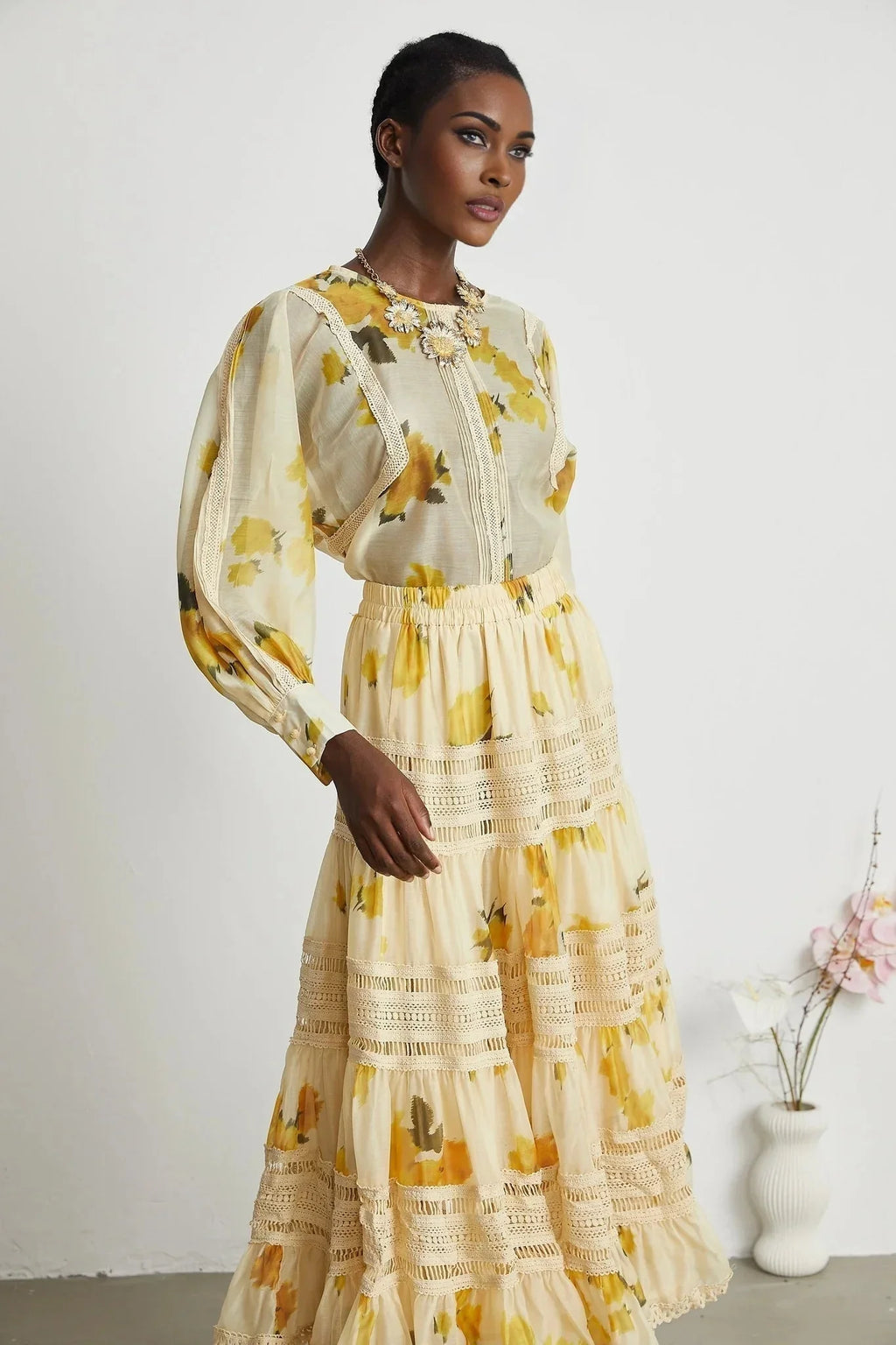 Angelina Floral Midi Dress - Round Neck Blouse - Buttoned Cuffs - Semi - Sheer with Rear Button Fastening and Lace Details