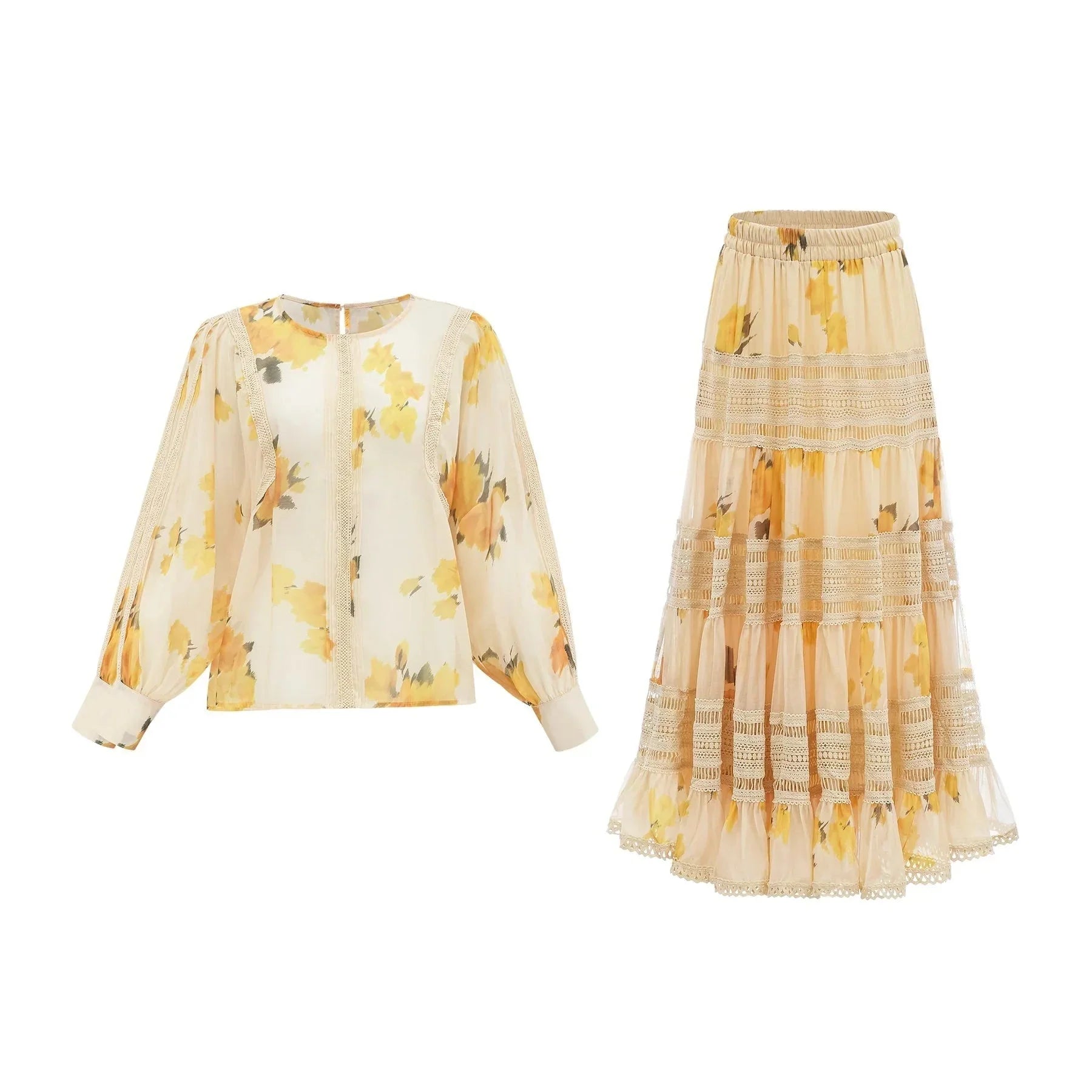 Angelina Floral Midi Dress - Round Neck Blouse - Buttoned Cuffs - Semi - Sheer with Rear Button Fastening and Lace Details