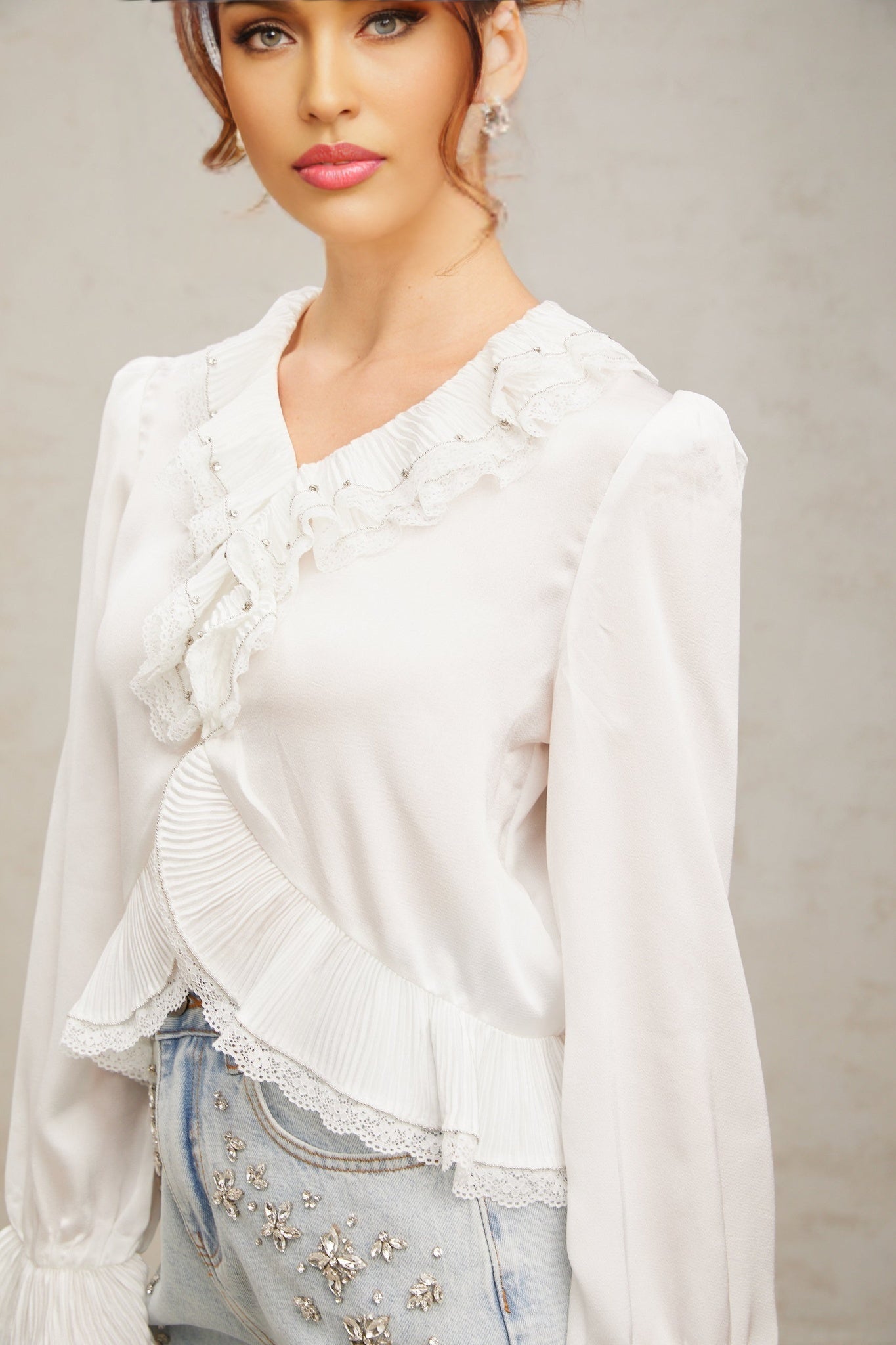 Angelina Shirt - V - Neck - Long Flared Sleeves - Lace Trim - Rhinestone Embellishment