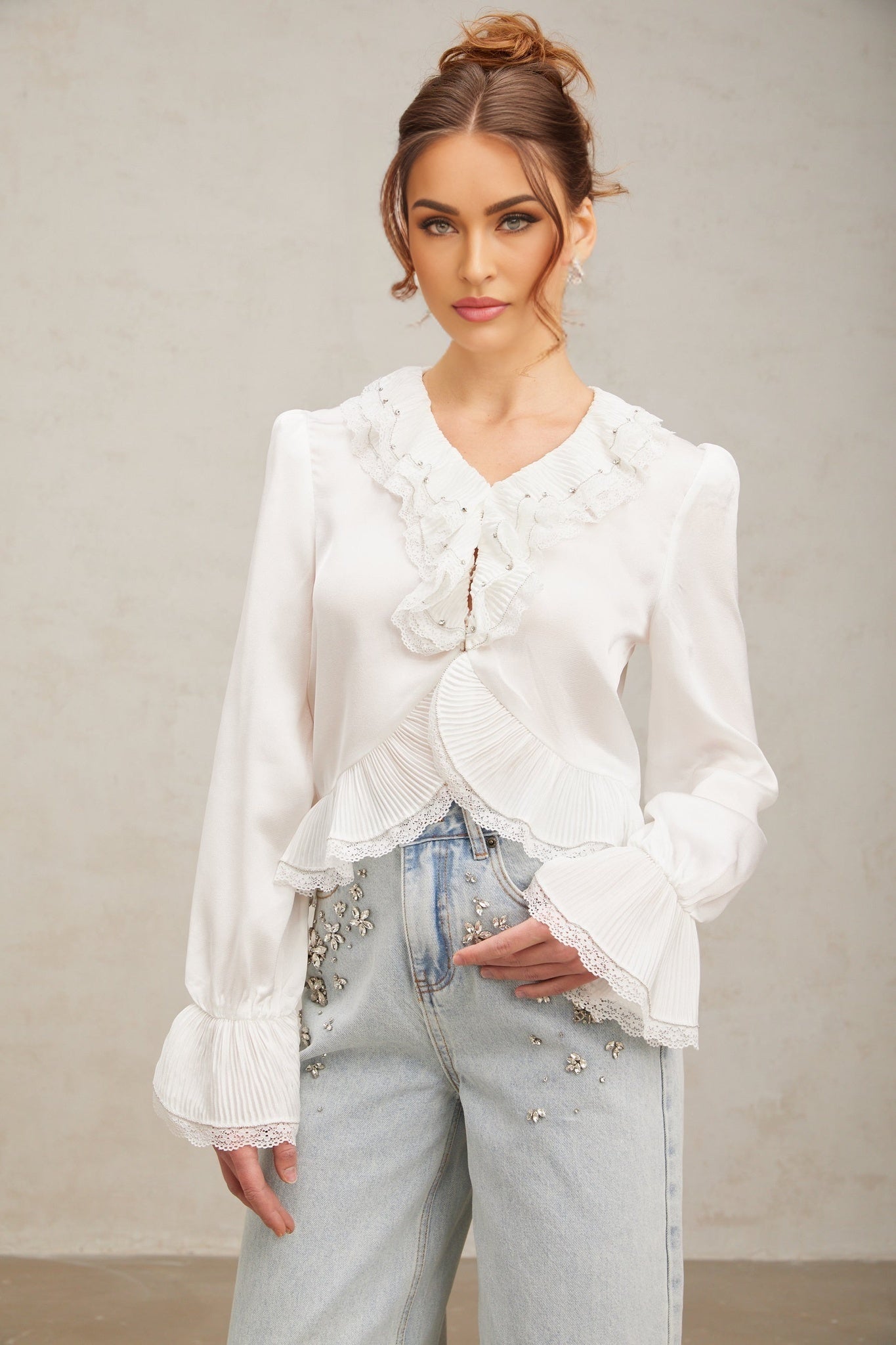 Angelina Shirt - V - Neck - Long Flared Sleeves - Lace Trim - Rhinestone Embellishment