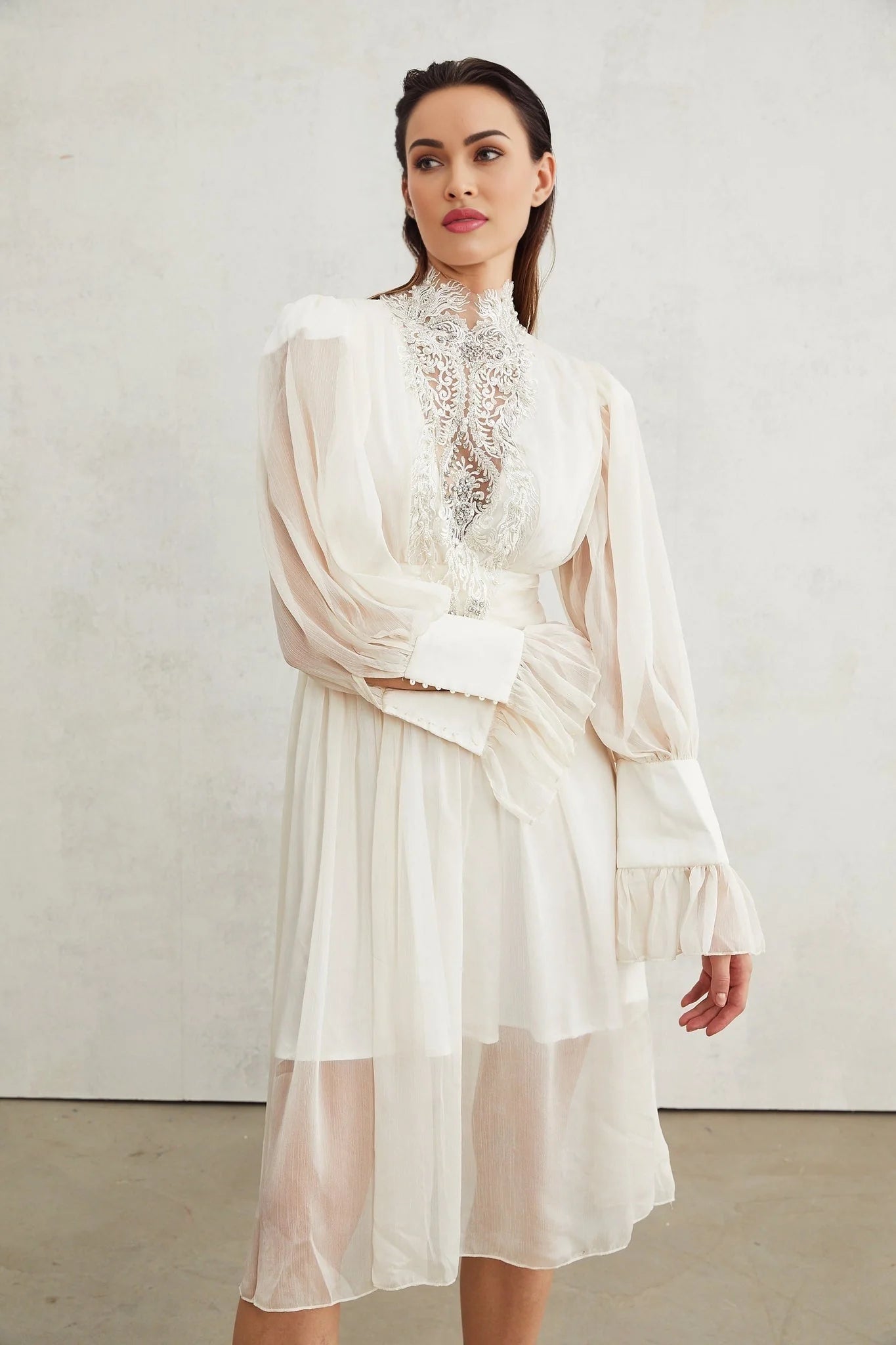 Angioletta Maxi Dress - Elegant Lace Detailing - Pleated Layers - Faux Pearl Embellishment - Long Sleeves - Rear Zip