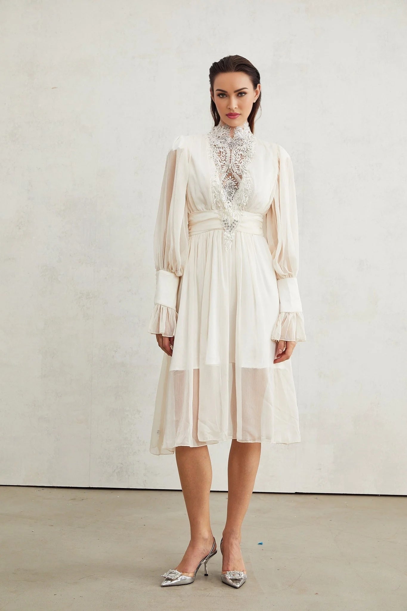 Angioletta Maxi Dress - Elegant Lace Detailing - Pleated Layers - Faux Pearl Embellishment - Long Sleeves - Rear Zip