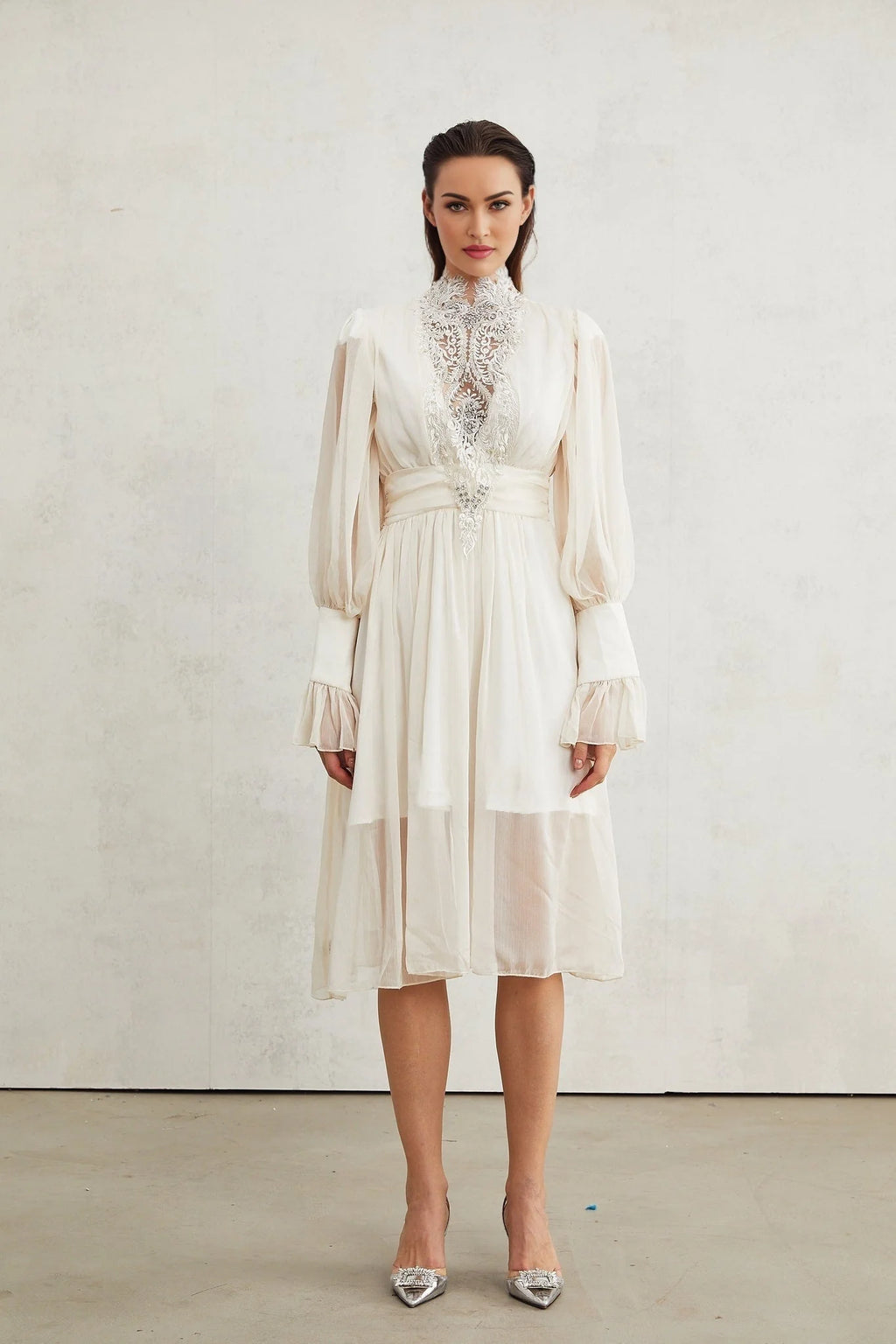 Angioletta Maxi Dress - Elegant Lace Detailing - Pleated Layers - Faux Pearl Embellishment - Long Sleeves - Rear Zip