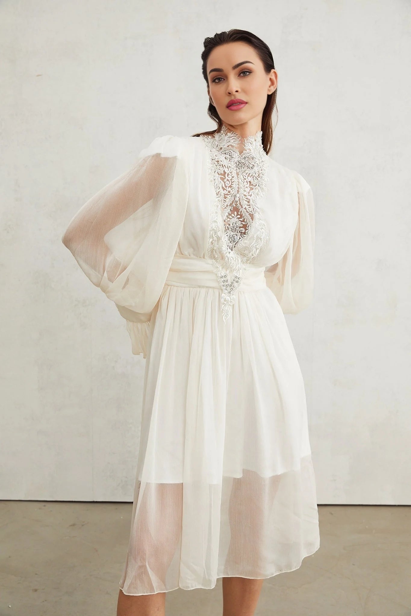 Angioletta Maxi Dress - Elegant Lace Detailing - Pleated Layers - Faux Pearl Embellishment - Long Sleeves - Rear Zip