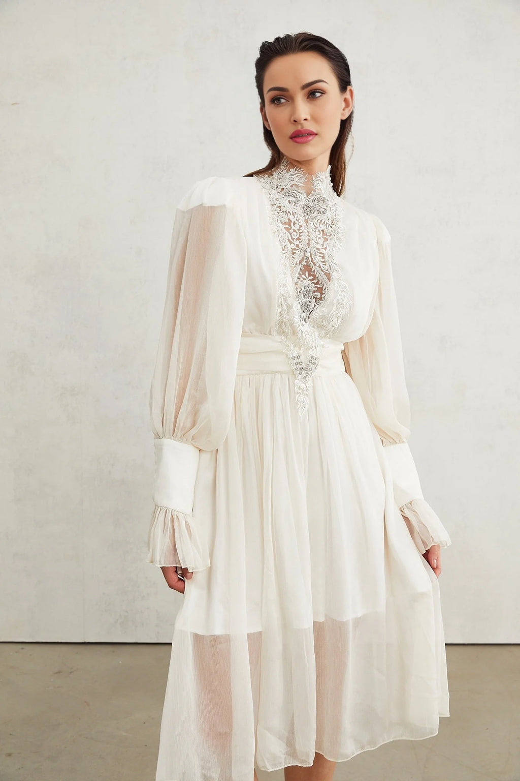 Angioletta Maxi Dress - Elegant Lace Detailing - Pleated Layers - Faux Pearl Embellishment - Long Sleeves - Rear Zip