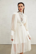 Angioletta Maxi Dress - Elegant Lace Detailing - Pleated Layers - Faux Pearl Embellishment - Long Sleeves - Rear Zip
