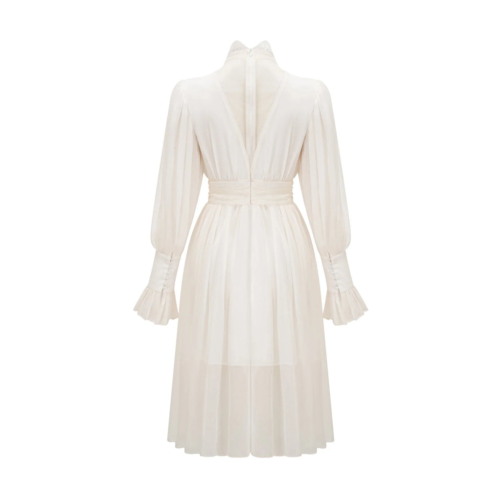 Angioletta Maxi Dress - Elegant Lace Detailing - Pleated Layers - Faux Pearl Embellishment - Long Sleeves - Rear Zip