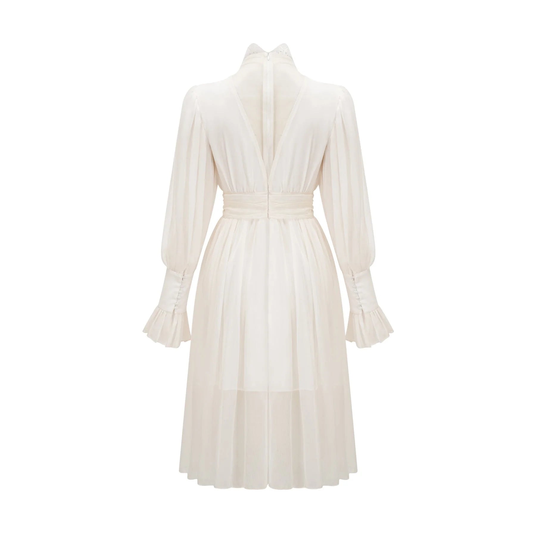 Angioletta Maxi Dress - Elegant Lace Detailing - Pleated Layers - Faux Pearl Embellishment - Long Sleeves - Rear Zip