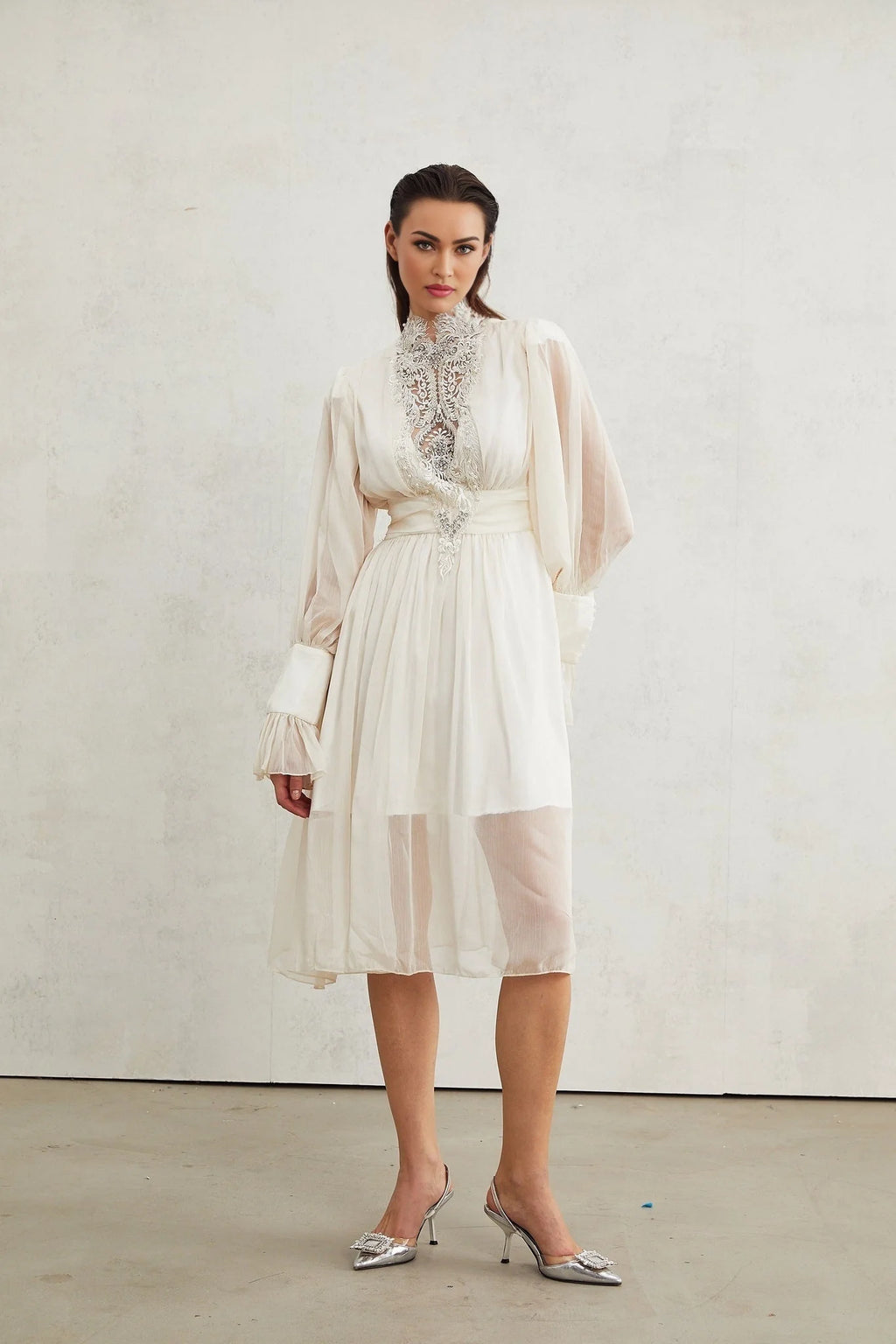 Angioletta Maxi Dress - Elegant Lace Detailing - Pleated Layers - Faux Pearl Embellishment - Long Sleeves - Rear Zip