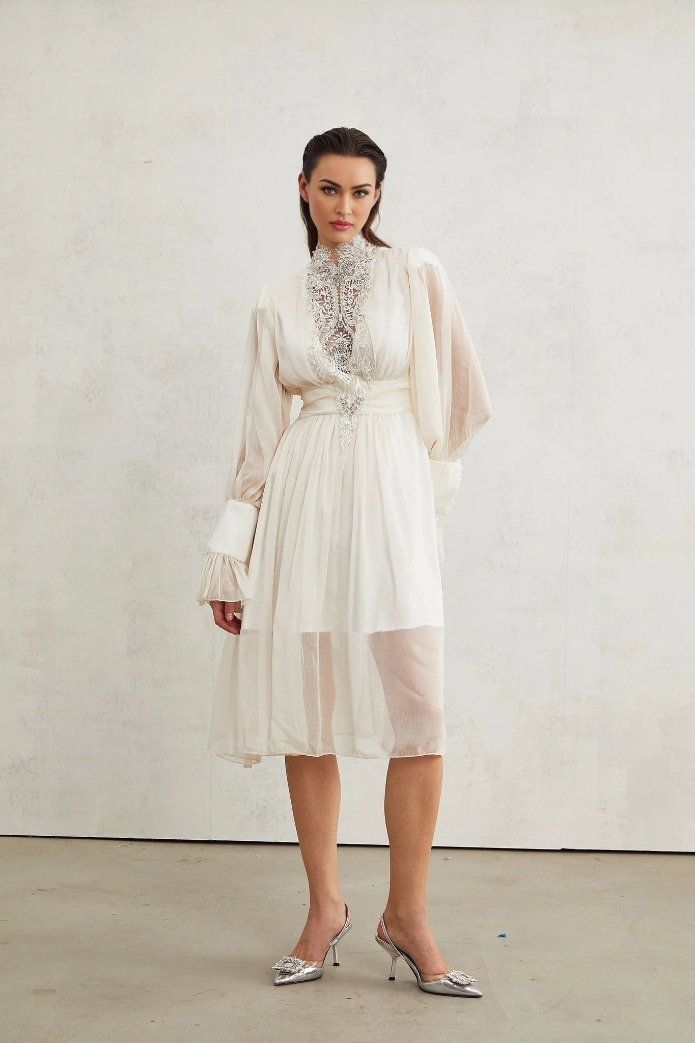 Angioletta Maxi Dress - Elegant Lace Detailing - Pleated Layers - Faux Pearl Embellishment - Long Sleeves - Rear Zip