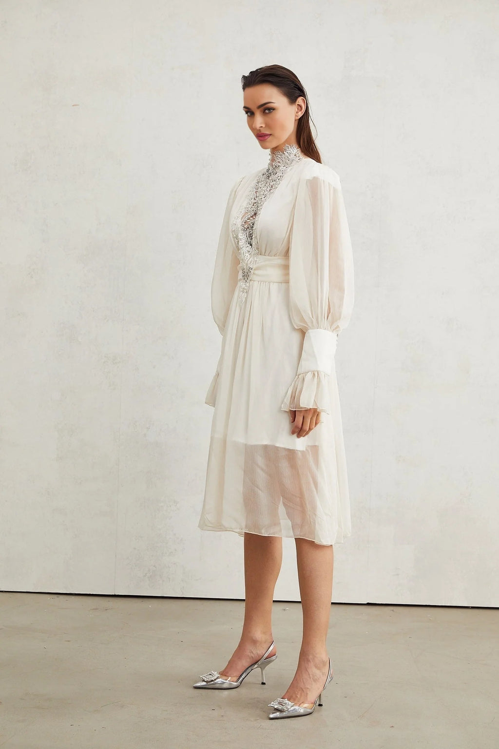 Angioletta Maxi Dress - Elegant Lace Detailing - Pleated Layers - Faux Pearl Embellishment - Long Sleeves - Rear Zip