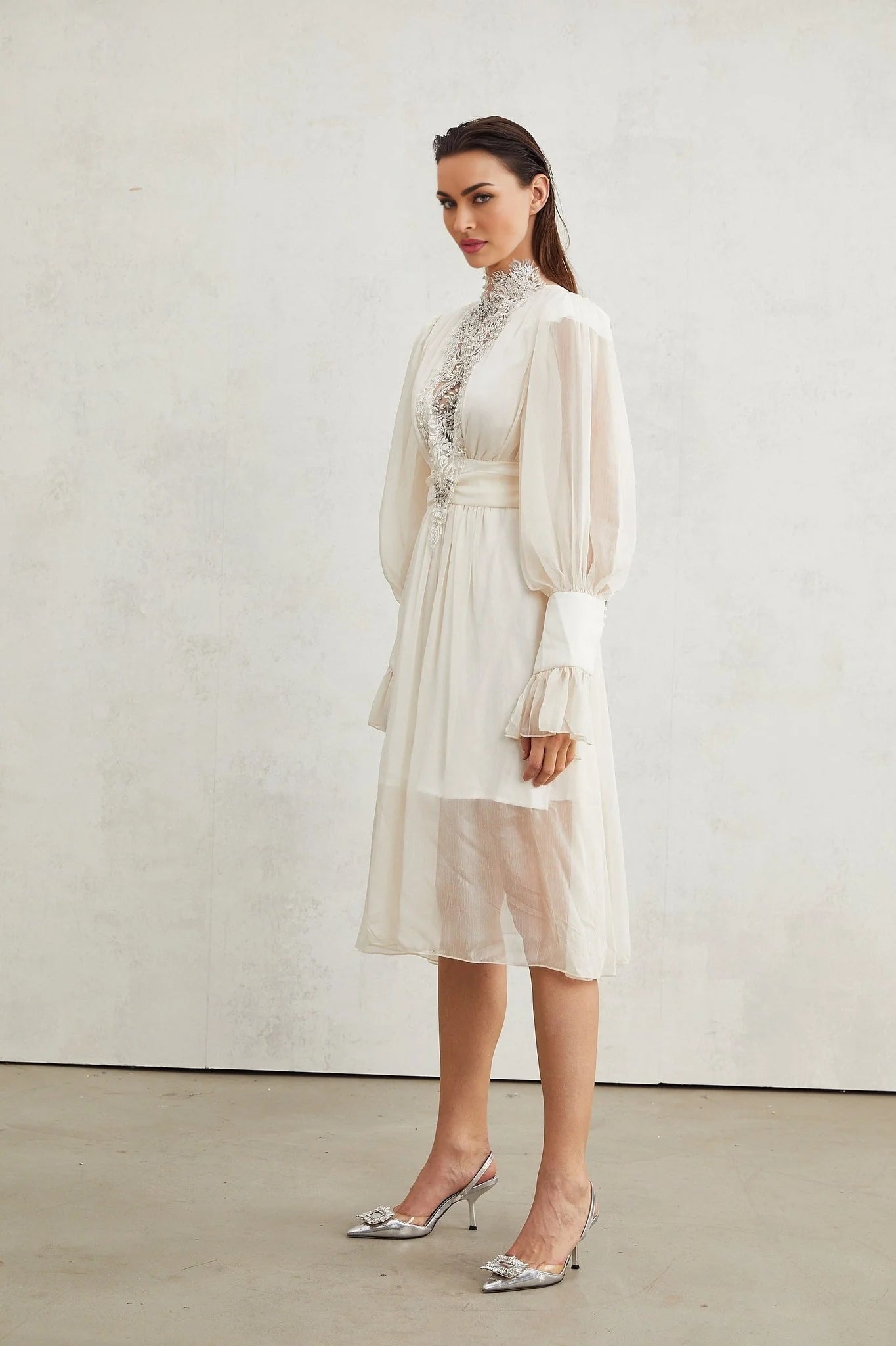 Angioletta Maxi Dress - Elegant Lace Detailing - Pleated Layers - Faux Pearl Embellishment - Long Sleeves - Rear Zip