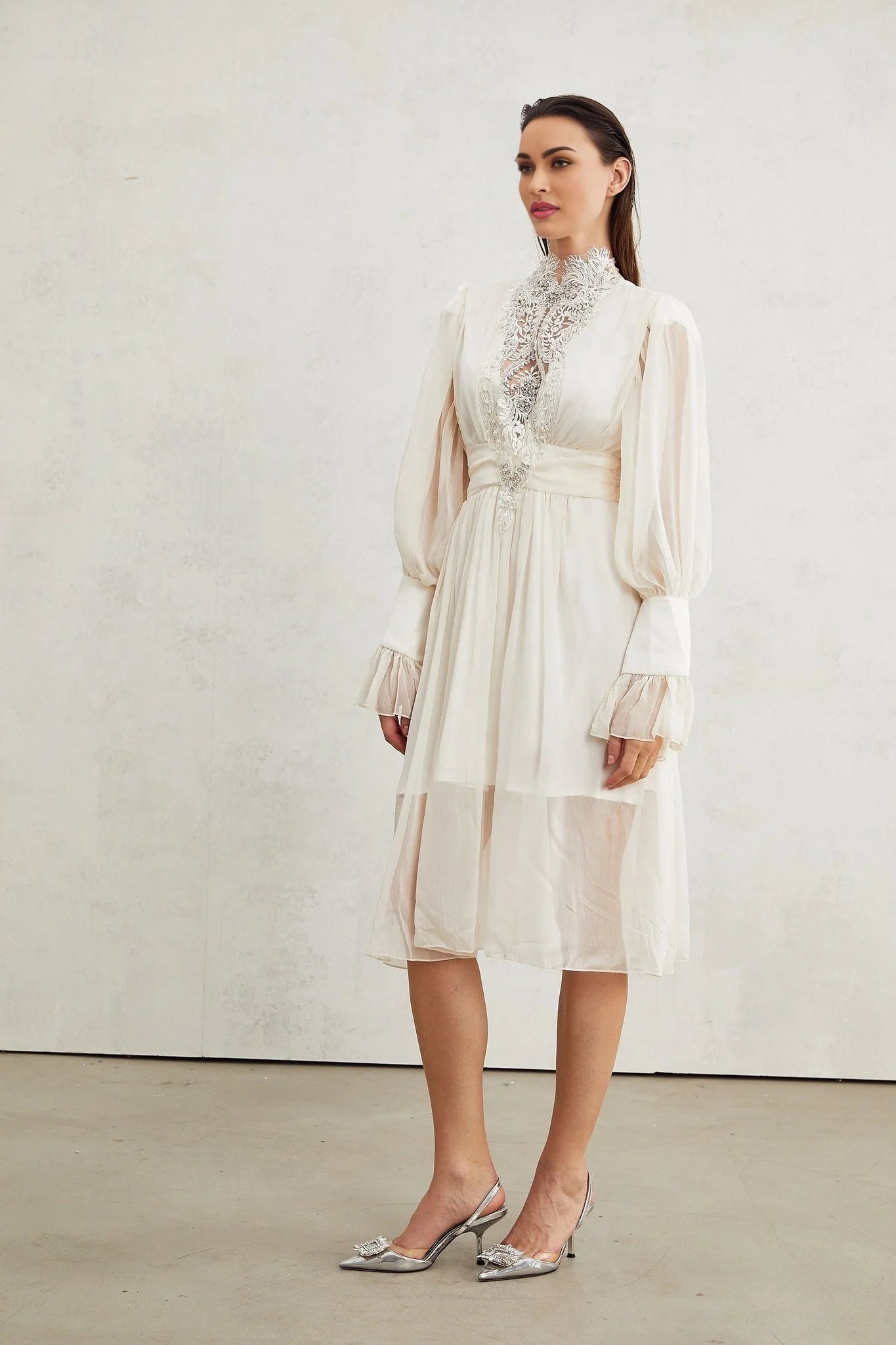 Angioletta Maxi Dress - Elegant Lace Detailing - Pleated Layers - Faux Pearl Embellishment - Long Sleeves - Rear Zip