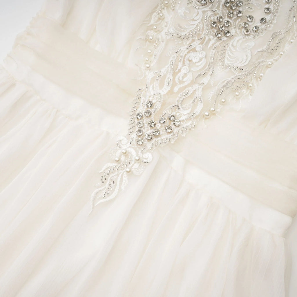 Angioletta Maxi Dress - Elegant Lace Detailing - Pleated Layers - Faux Pearl Embellishment - Long Sleeves - Rear Zip