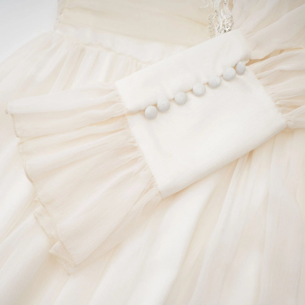 Angioletta Maxi Dress - Elegant Lace Detailing - Pleated Layers - Faux Pearl Embellishment - Long Sleeves - Rear Zip