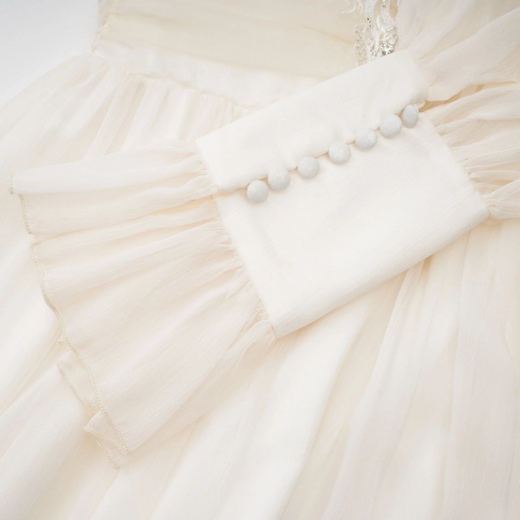 Angioletta Maxi Dress - Elegant Lace Detailing - Pleated Layers - Faux Pearl Embellishment - Long Sleeves - Rear Zip
