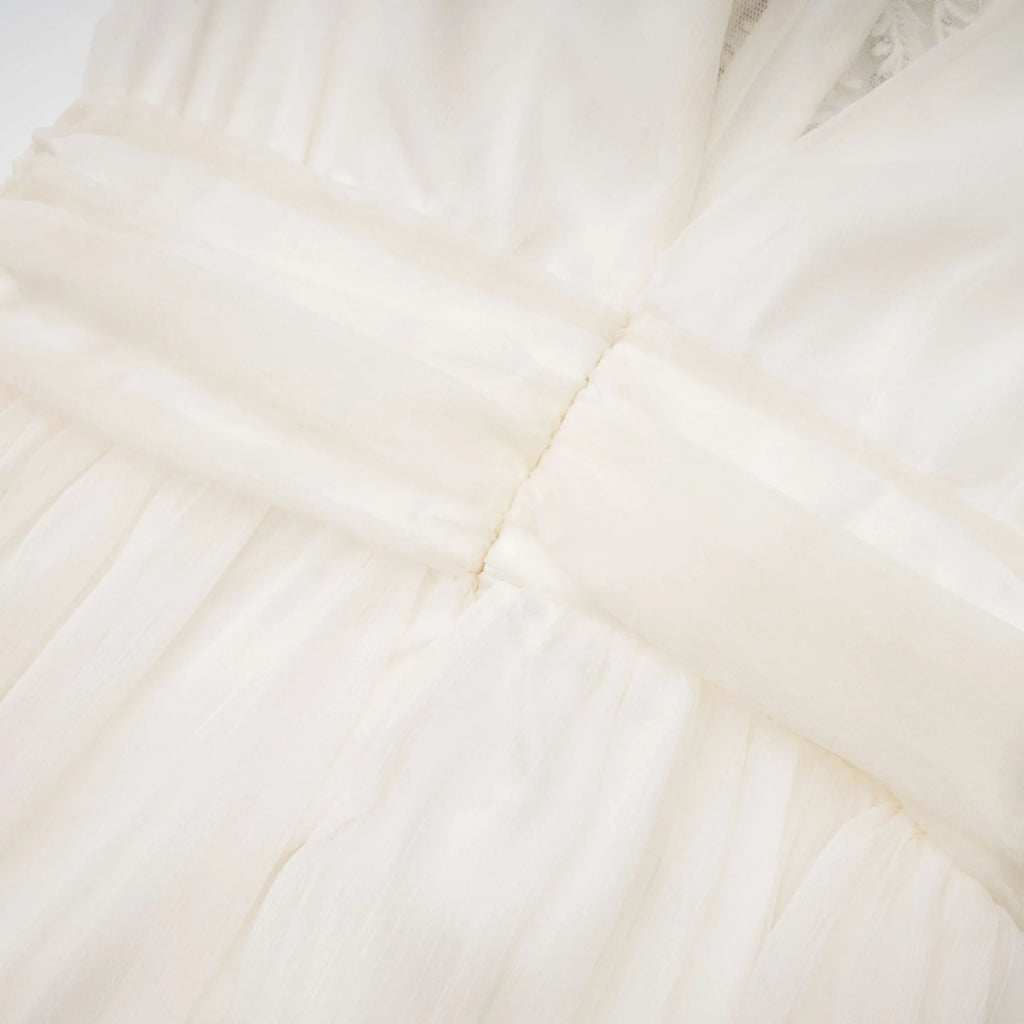 Angioletta Maxi Dress - Elegant Lace Detailing - Pleated Layers - Faux Pearl Embellishment - Long Sleeves - Rear Zip