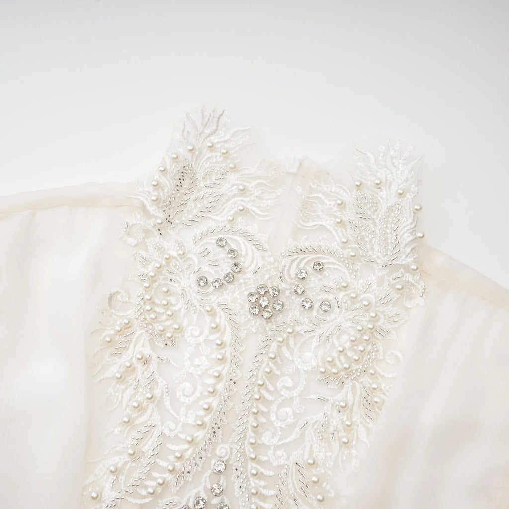 Angioletta Maxi Dress - Elegant Lace Detailing - Pleated Layers - Faux Pearl Embellishment - Long Sleeves - Rear Zip