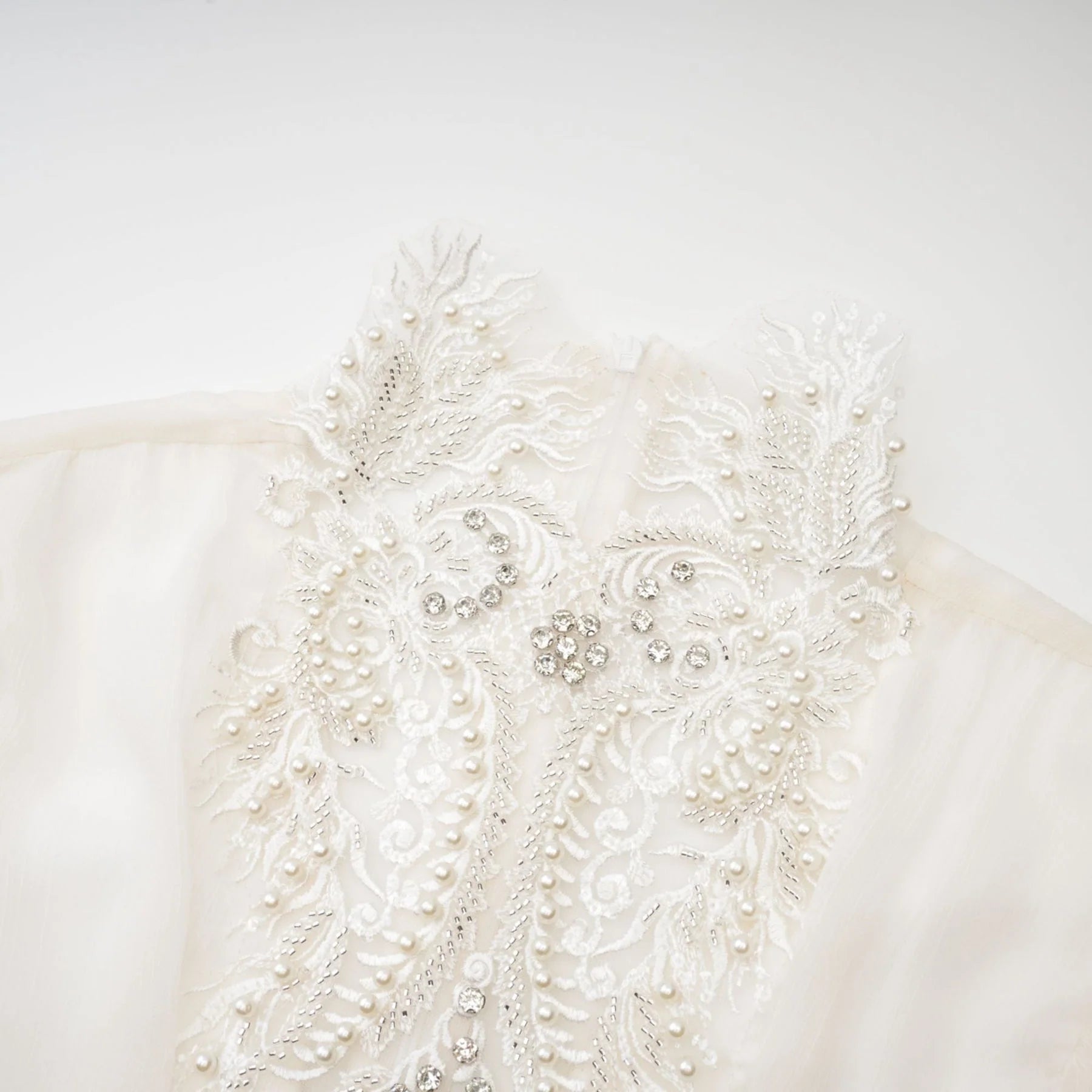 Angioletta Maxi Dress - Elegant Lace Detailing - Pleated Layers - Faux Pearl Embellishment - Long Sleeves - Rear Zip
