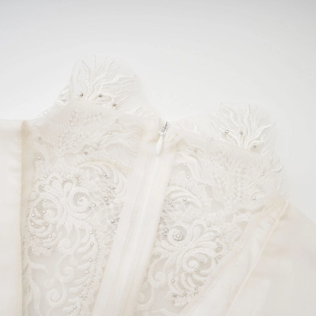 Angioletta Maxi Dress - Elegant Lace Detailing - Pleated Layers - Faux Pearl Embellishment - Long Sleeves - Rear Zip