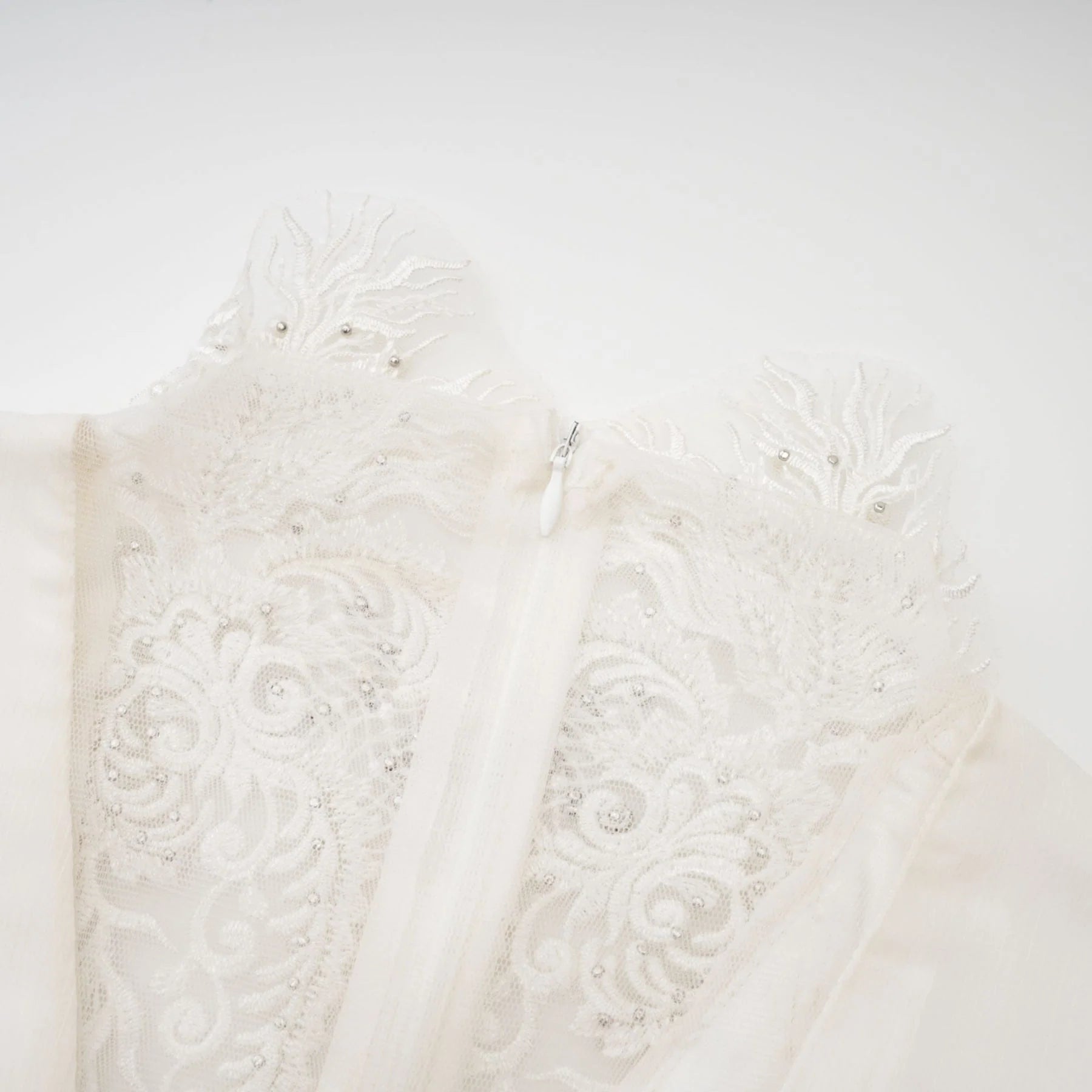 Angioletta Maxi Dress - Elegant Lace Detailing - Pleated Layers - Faux Pearl Embellishment - Long Sleeves - Rear Zip