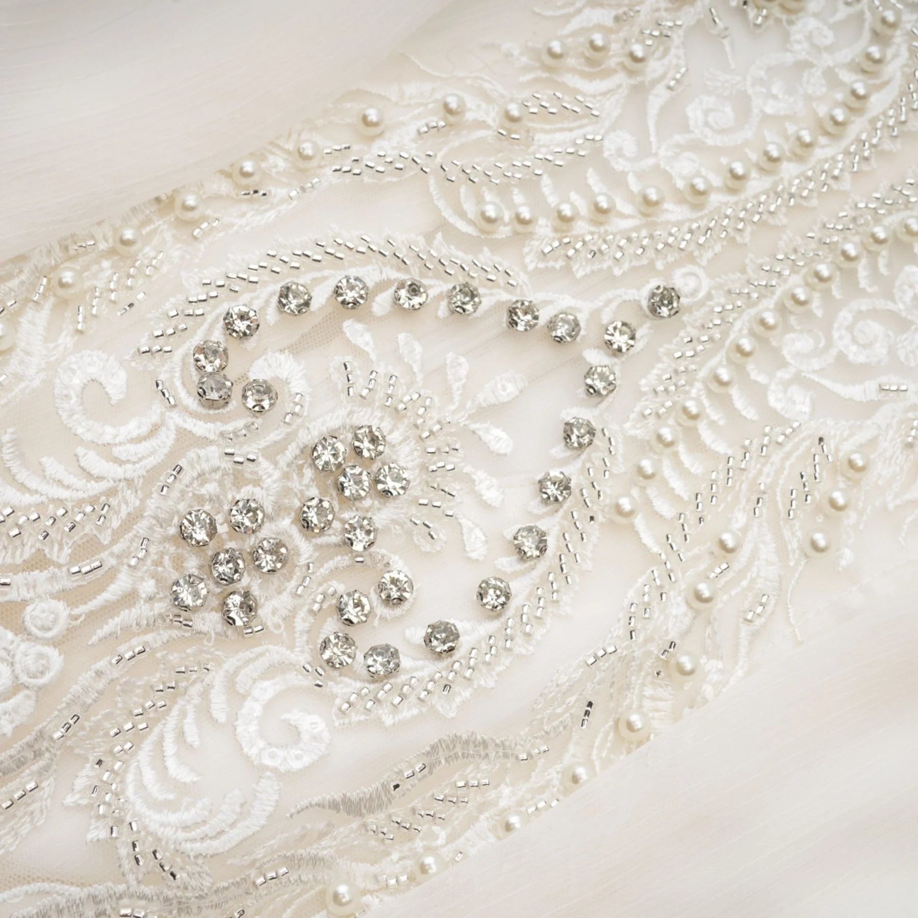 Angioletta Maxi Dress - Elegant Lace Detailing - Pleated Layers - Faux Pearl Embellishment - Long Sleeves - Rear Zip