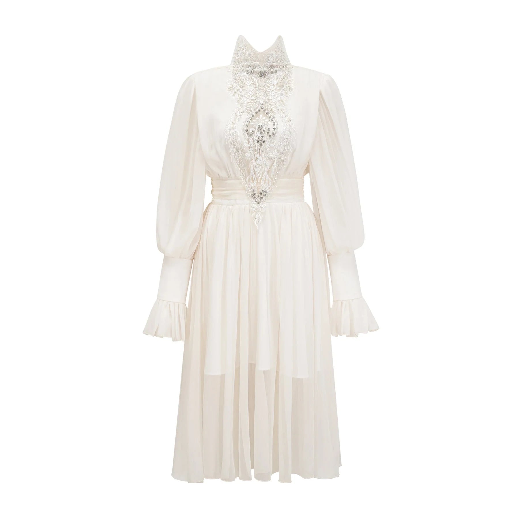 Angioletta Maxi Dress - Elegant Lace Detailing - Pleated Layers - Faux Pearl Embellishment - Long Sleeves - Rear Zip