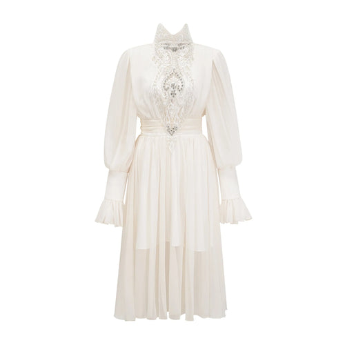Angioletta Maxi Dress - Elegant Lace Detailing - Pleated Layers - Faux Pearl Embellishment - Long Sleeves - Rear Zip