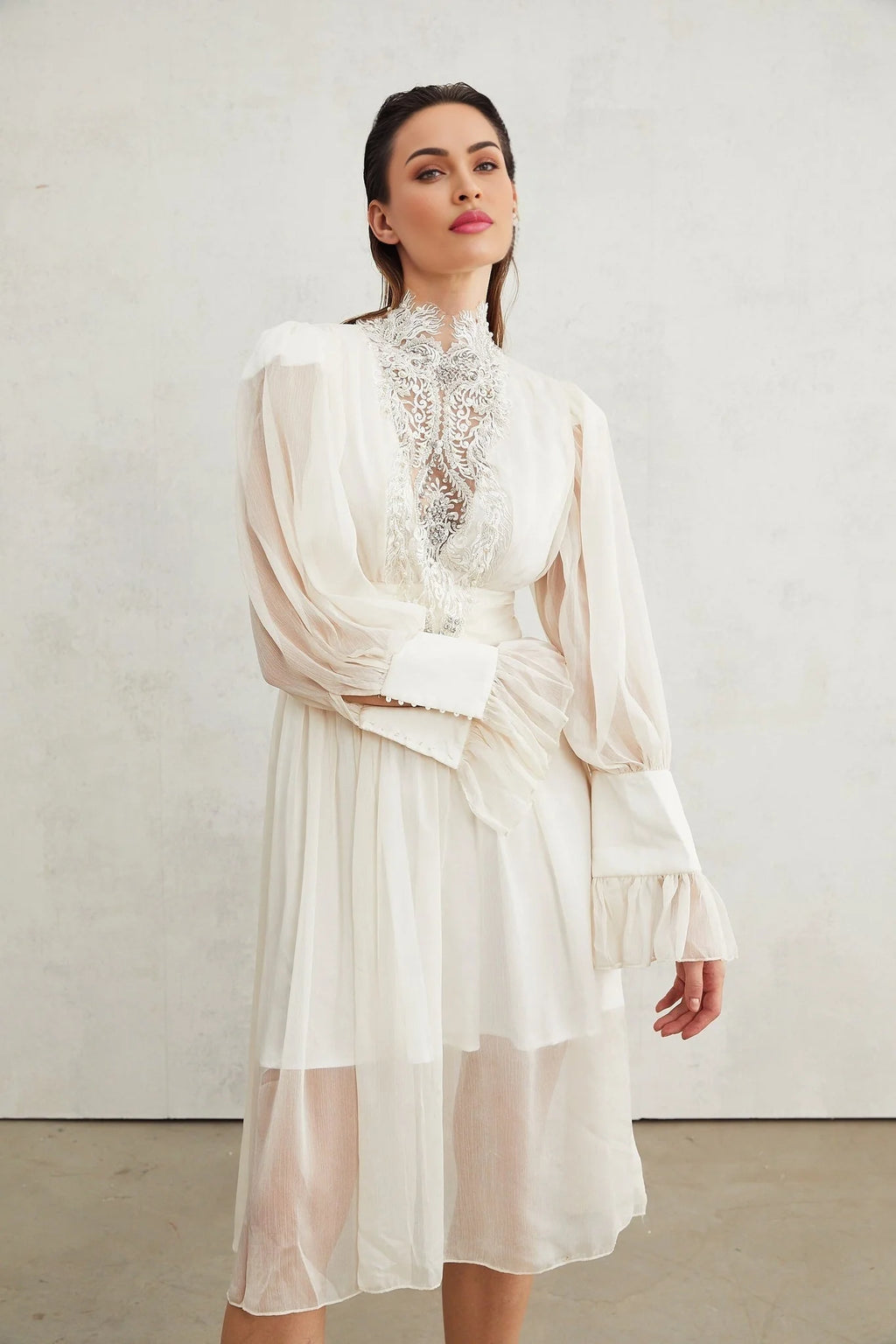 Angioletta Maxi Dress - Elegant Lace Detailing - Pleated Layers - Faux Pearl Embellishment - Long Sleeves - Rear Zip