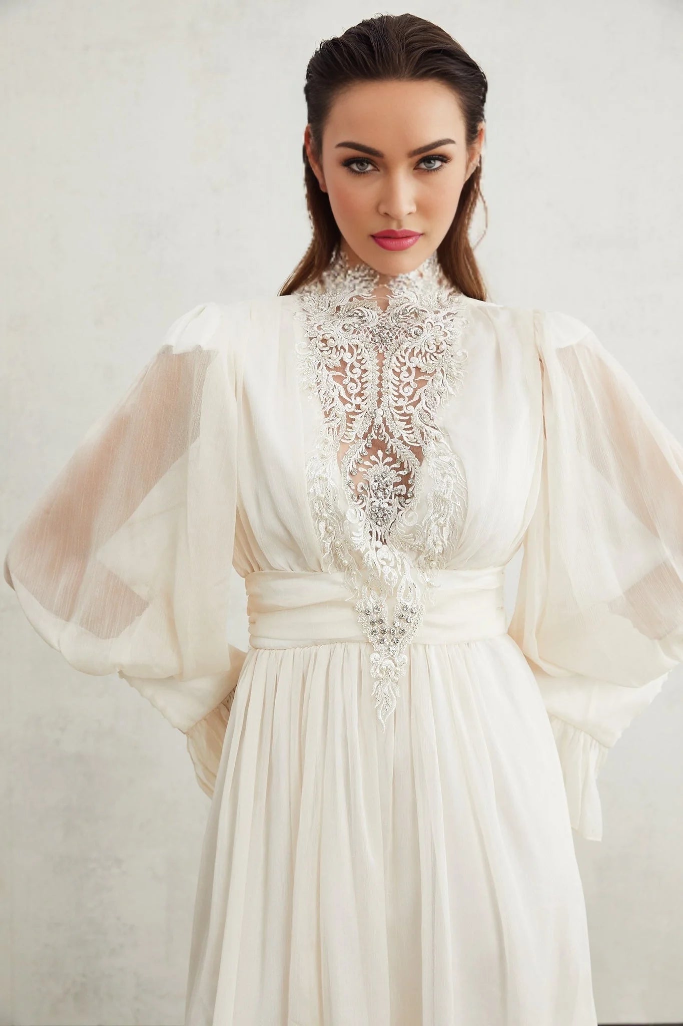 Angioletta Maxi Dress - Elegant Lace Detailing - Pleated Layers - Faux Pearl Embellishment - Long Sleeves - Rear Zip