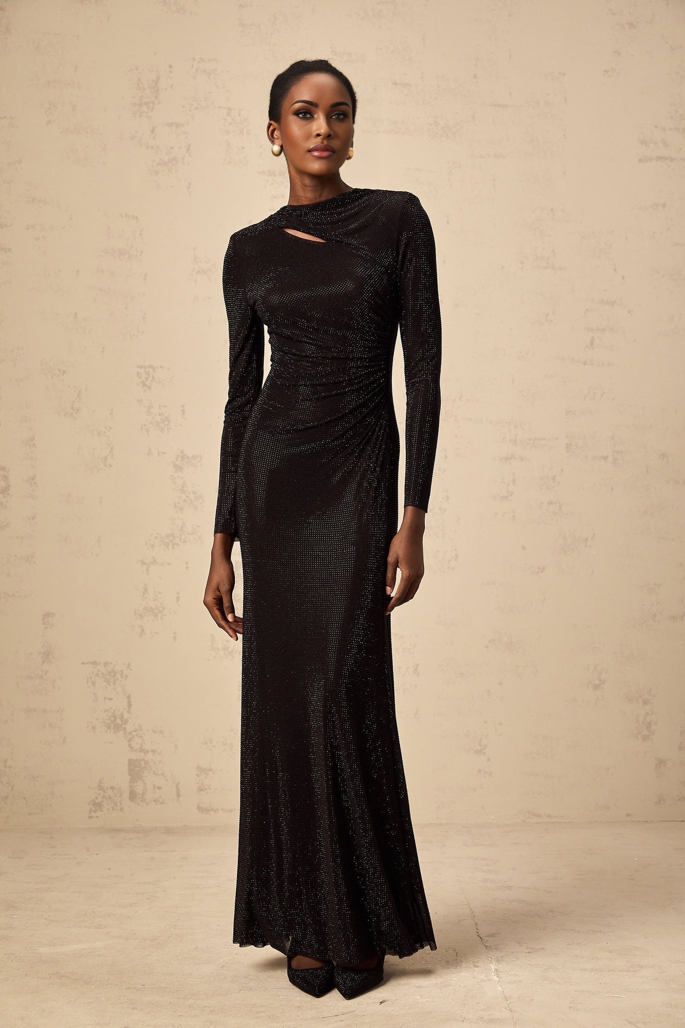 Angioletta Maxi Dress - Long Sleeves with Shoulder Pads - Ruched and Cut - Out Detailing - Rhinestone Embellishments with Concealed Rear Zip