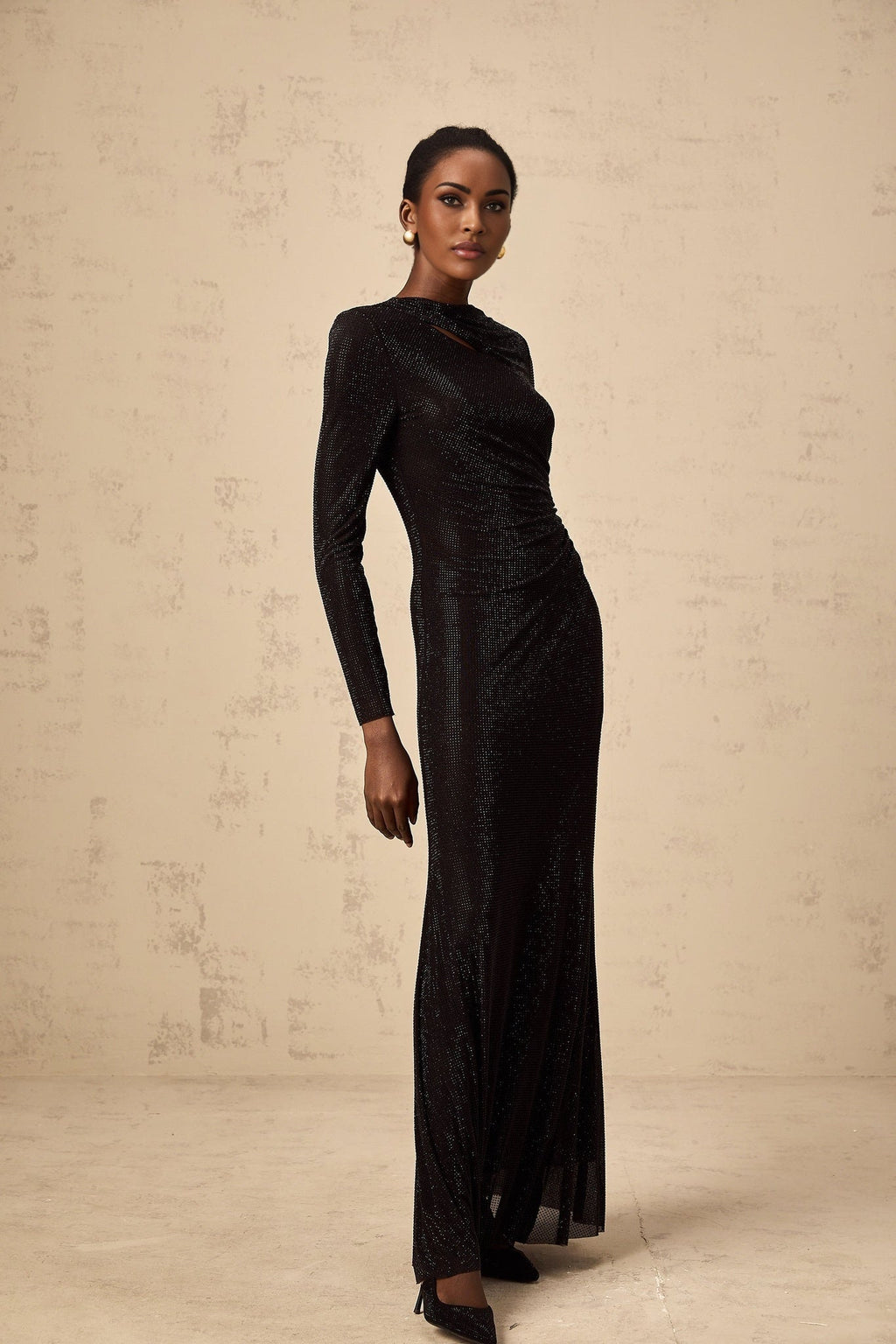 Angioletta Maxi Dress - Long Sleeves with Shoulder Pads - Ruched and Cut - Out Detailing - Rhinestone Embellishments with Concealed Rear Zip