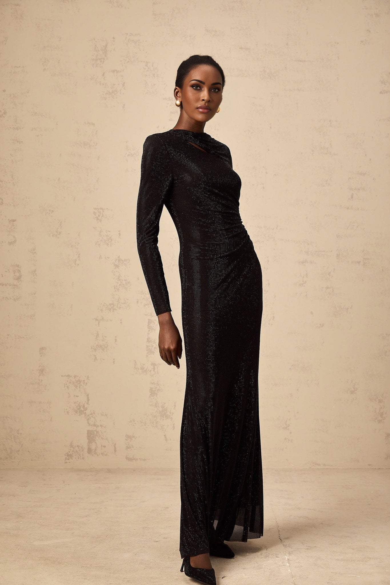Angioletta Maxi Dress - Long Sleeves with Shoulder Pads - Ruched and Cut - Out Detailing - Rhinestone Embellishments with Concealed Rear Zip