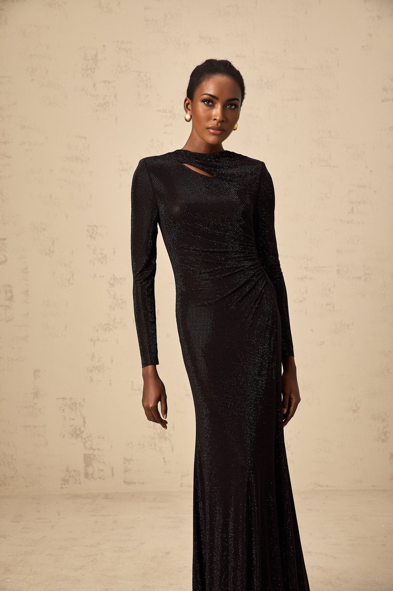 Angioletta Maxi Dress - Long Sleeves with Shoulder Pads - Ruched and Cut - Out Detailing - Rhinestone Embellishments with Concealed Rear Zip