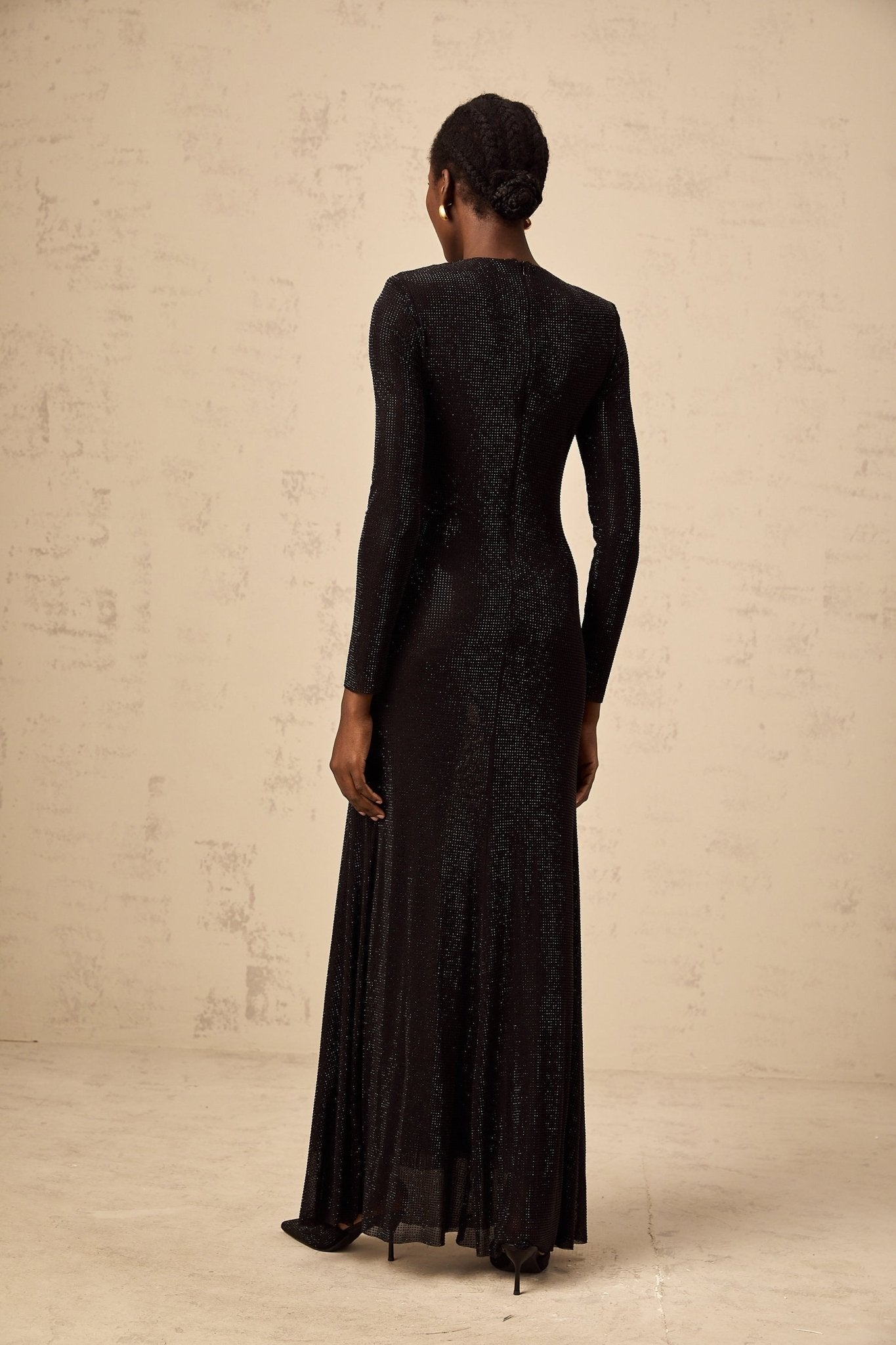 maxi dress with shoulder pads Angioletta Black Maxi Dress | Rhinestone Embellishments, Ruched Detailing