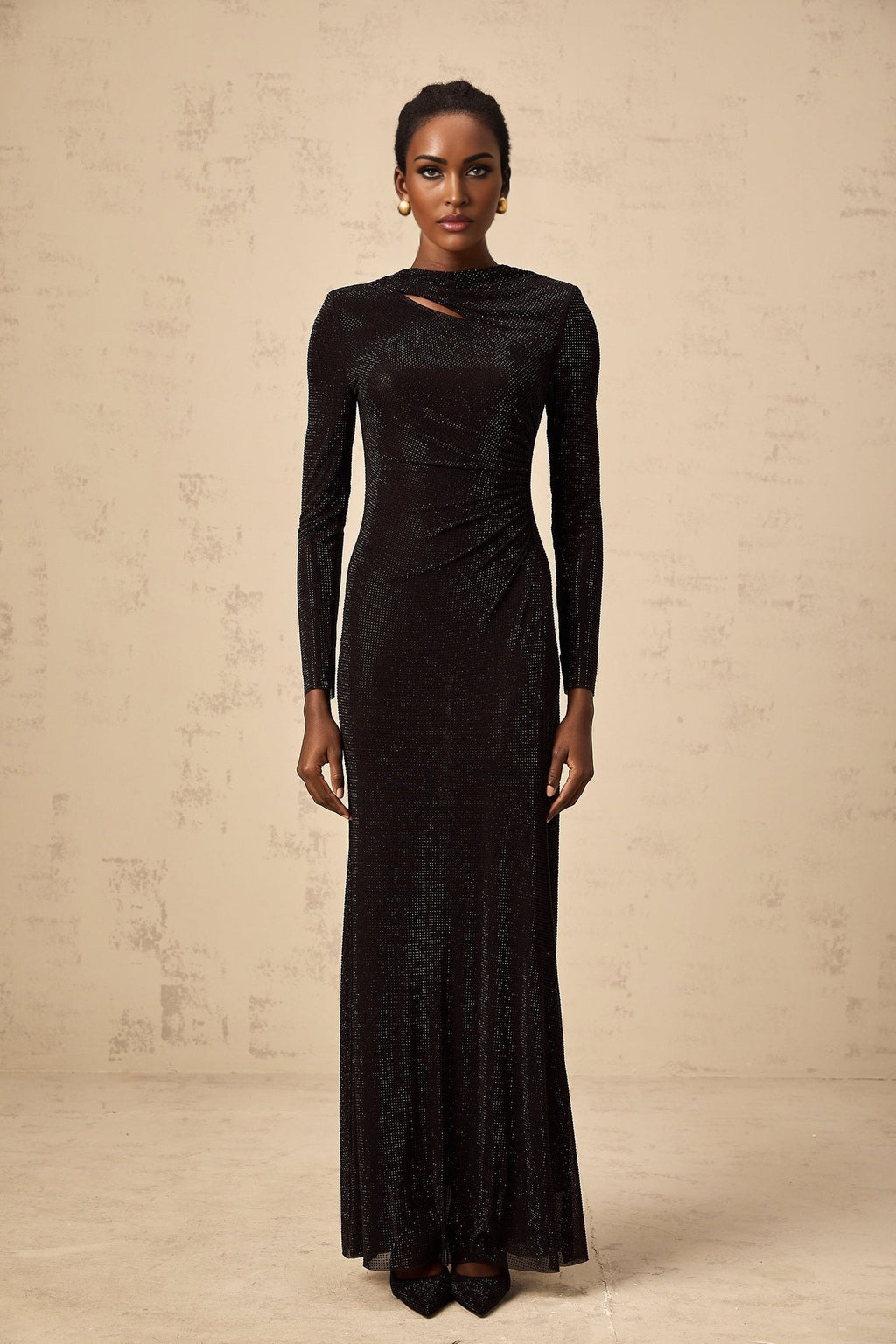 Angioletta Maxi Dress - Long Sleeves with Shoulder Pads - Ruched and Cut - Out Detailing - Rhinestone Embellishments with Concealed Rear Zip