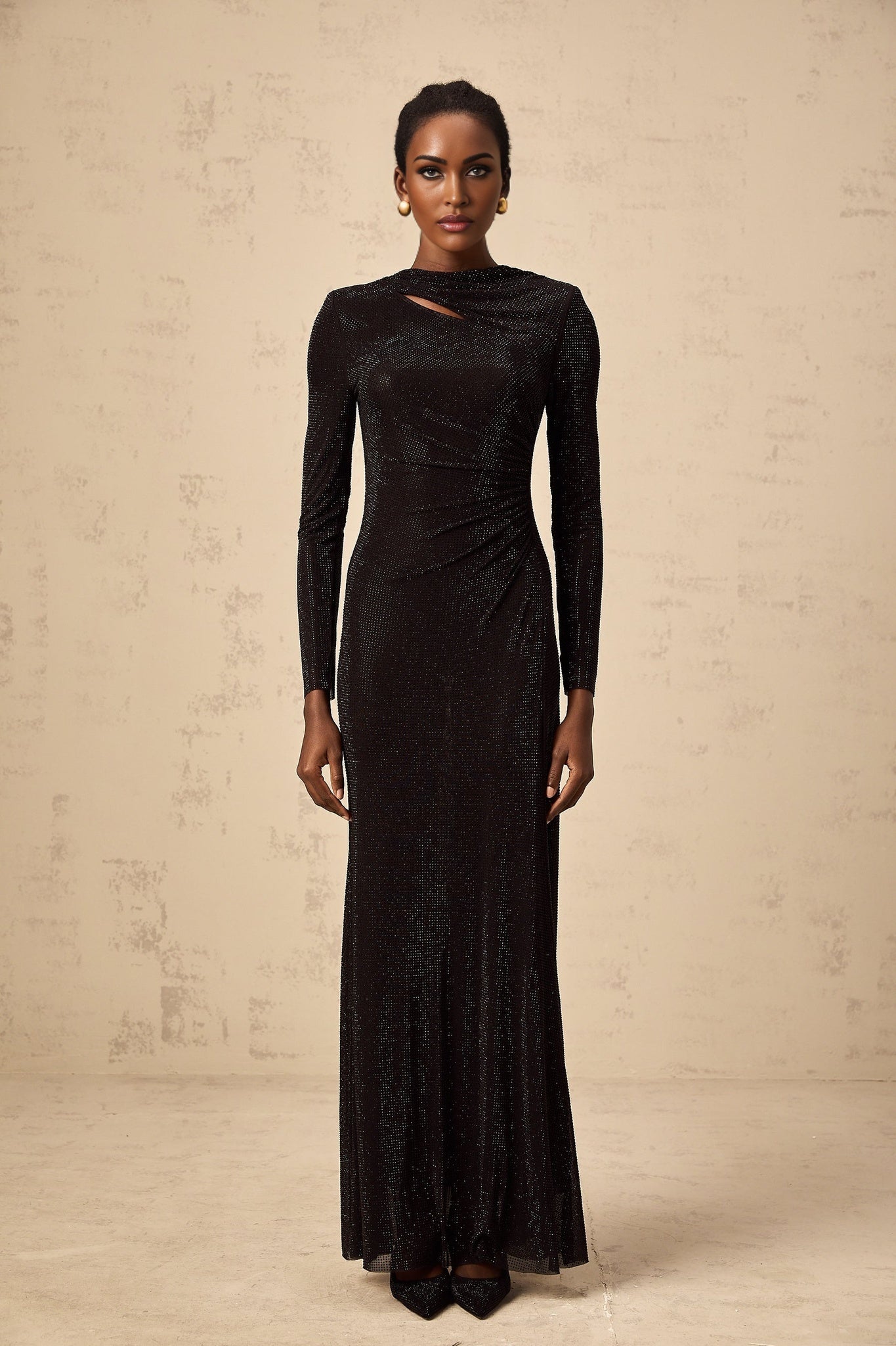 Angioletta Maxi Dress - Long Sleeves with Shoulder Pads - Ruched and Cut - Out Detailing - Rhinestone Embellishments with Concealed Rear Zip