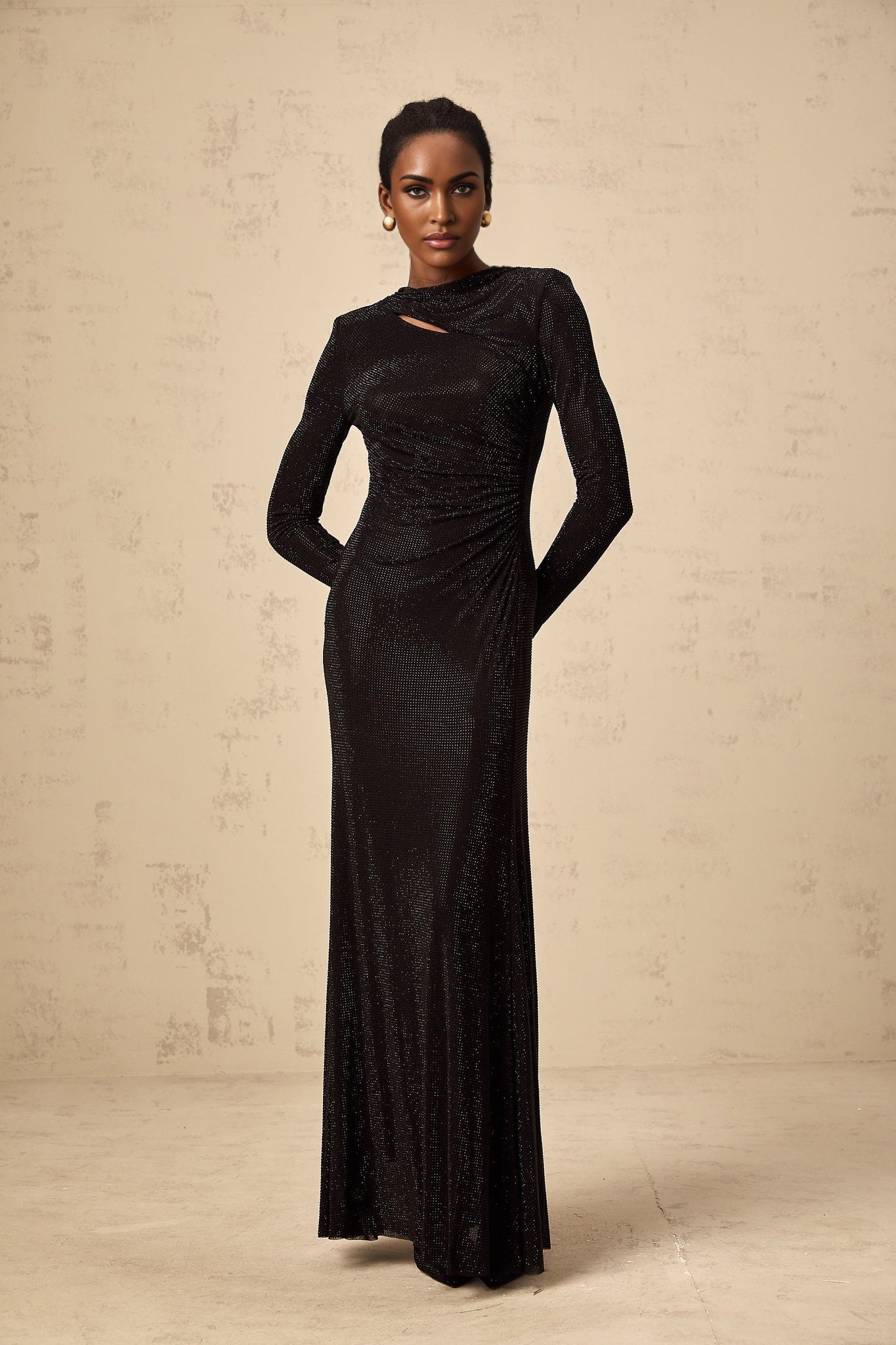 Angioletta Maxi Dress - Long Sleeves with Shoulder Pads - Ruched and Cut - Out Detailing - Rhinestone Embellishments with Concealed Rear Zip