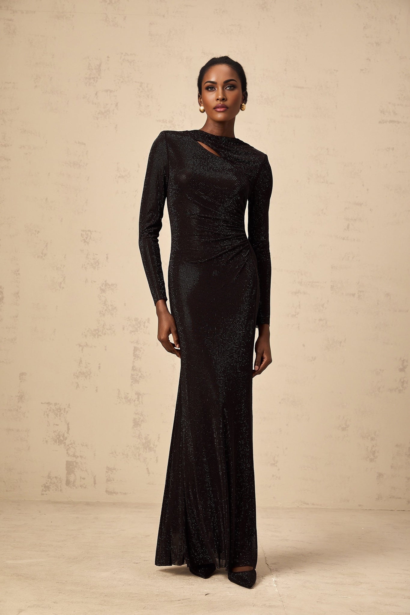 Angioletta Maxi Dress - Long Sleeves with Shoulder Pads - Ruched and Cut - Out Detailing - Rhinestone Embellishments with Concealed Rear Zip