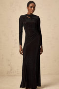Angioletta Maxi Dress - Long Sleeves with Shoulder Pads - Ruched and Cut - Out Detailing - Rhinestone Embellishments with Concealed Rear Zip