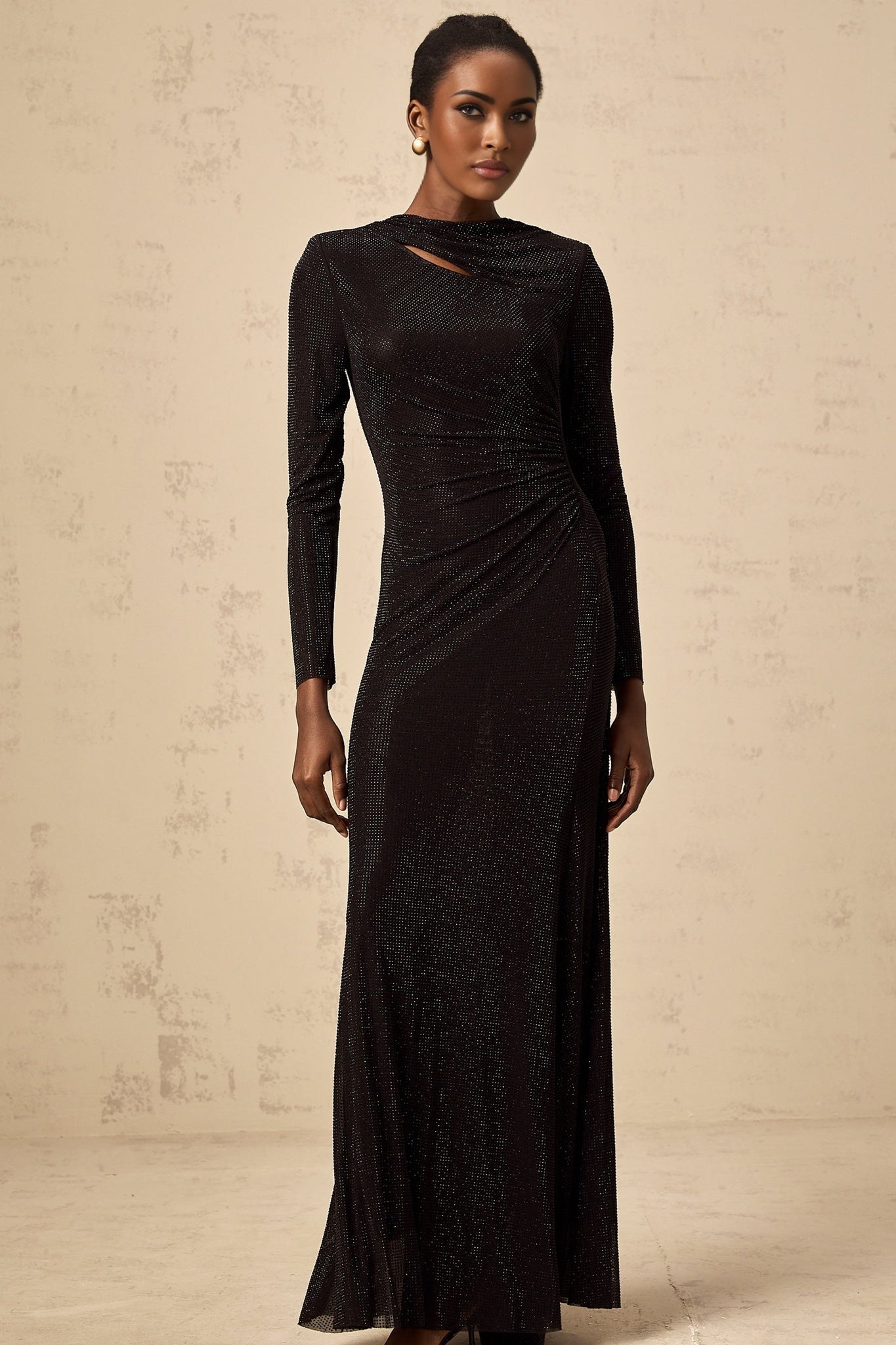 Angioletta Maxi Dress - Long Sleeves with Shoulder Pads - Ruched and Cut - Out Detailing - Rhinestone Embellishments with Concealed Rear Zip