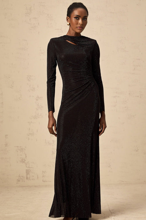 Angioletta Maxi Dress - Long Sleeves with Shoulder Pads - Ruched and Cut - Out Detailing - Rhinestone Embellishments with Concealed Rear Zip