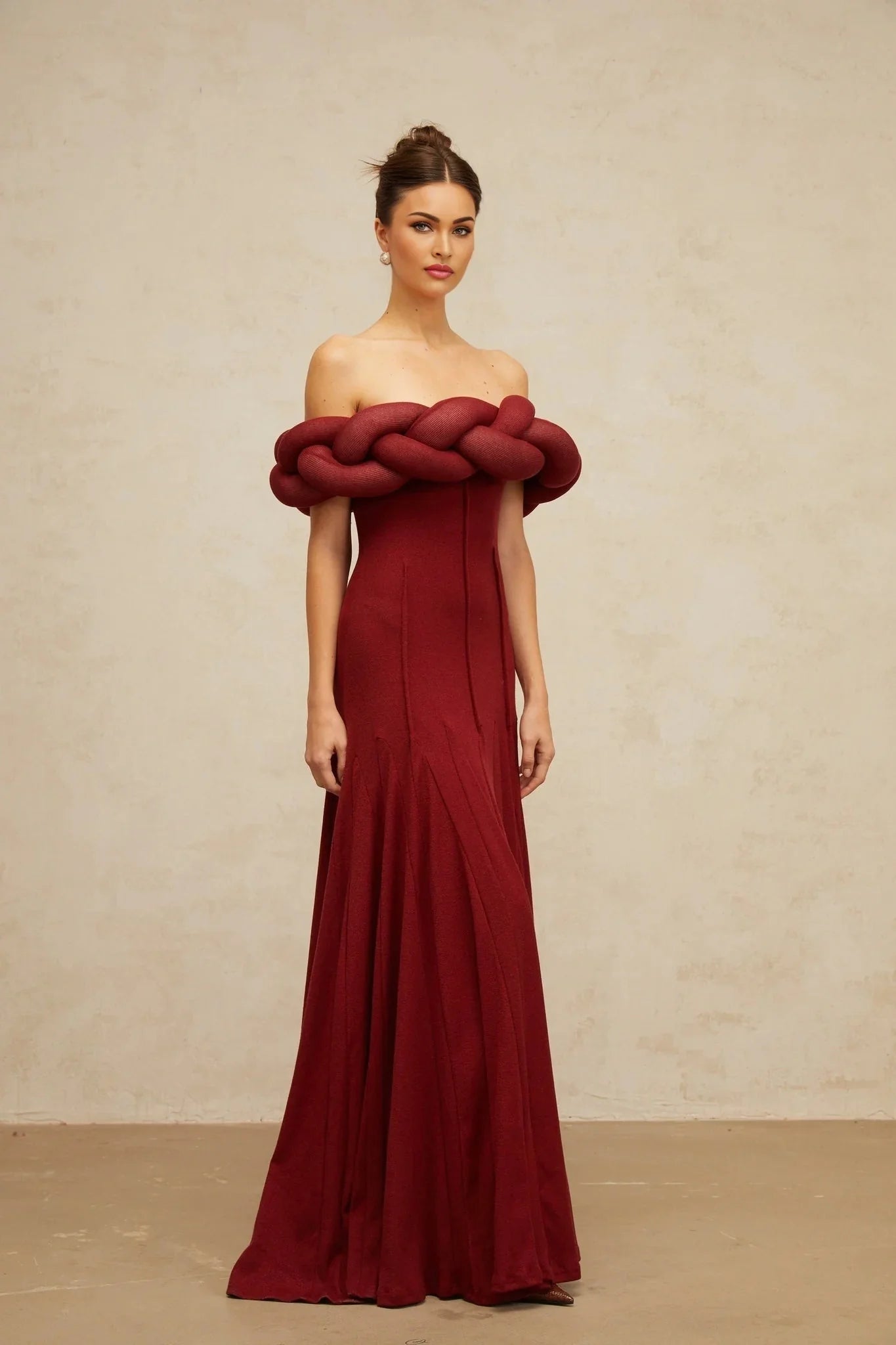 Angioletta Maxi Dress Red Knit Braid Design & Godet Pleats
