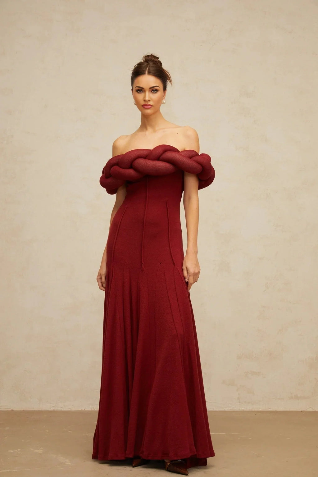 Angioletta Maxi Dress Red Knit Braid Design & Godet Pleats